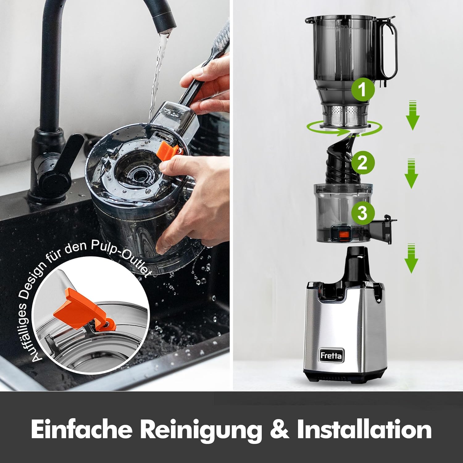 Fretta Juicer Slow Juicer, Edelstahl-Entsafter Gemüse und Obst Testsieger, 135 mm Öffnung und 1,8 l Entsafter-Maschine mit Umkehrfunktion, einfache Installation, leicht zu reinigen, 100 % BPA-frei, 250 W – Bild 8