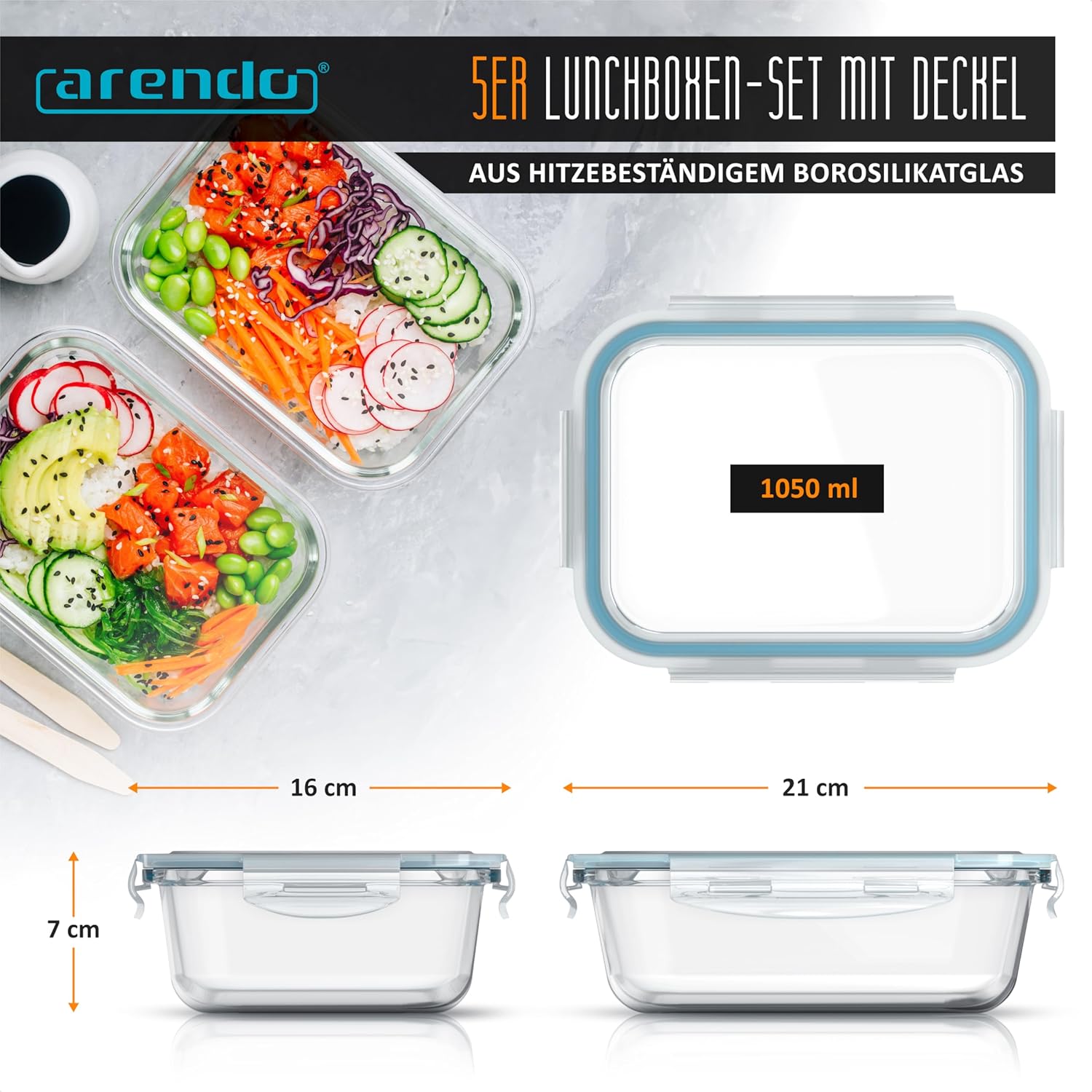 Arendo – Lunchboxen aus Glas, Frischhaltedosen für Lebensmittel mit luftdichtem Deckel – 5er-Set – 1050 ml – für Mikrowelle, Backofen, Gefrierschrank – spülmaschinenfest – Vorratsgläser, Meal-Prep-Boxen-Set – Bild 2