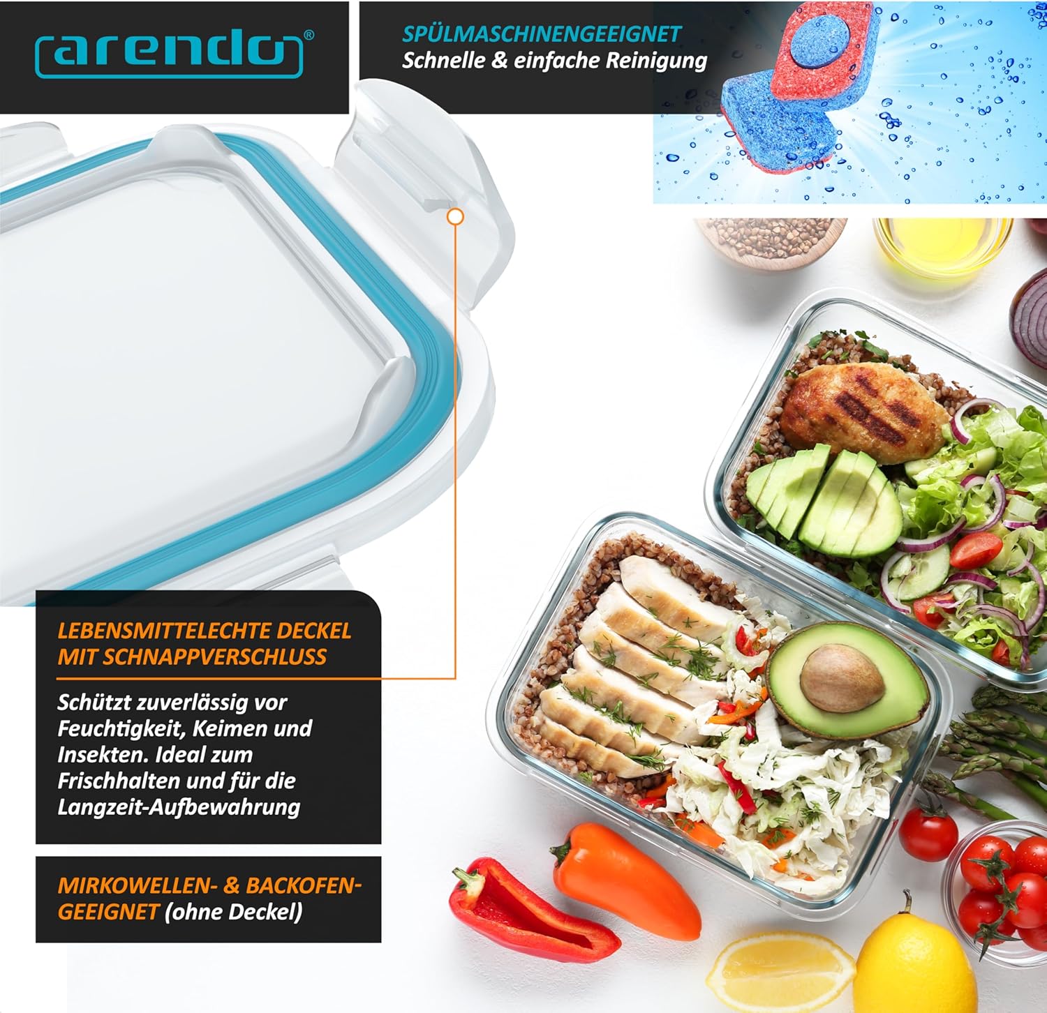 Arendo – Lunchboxen aus Glas, Frischhaltedosen für Lebensmittel mit luftdichtem Deckel – 5er-Set – 1050 ml – für Mikrowelle, Backofen, Gefrierschrank – spülmaschinenfest – Vorratsgläser, Meal-Prep-Boxen-Set – Bild 3