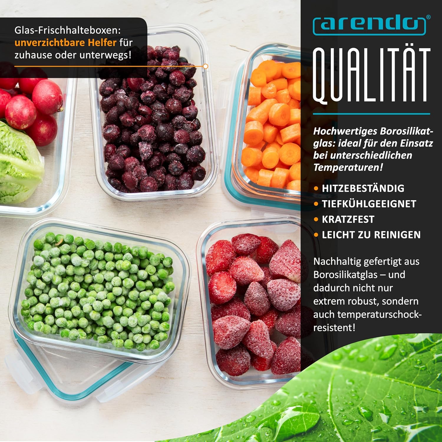 Arendo – Lunchboxen aus Glas, Frischhaltedosen für Lebensmittel mit luftdichtem Deckel – 5er-Set – 1050 ml – für Mikrowelle, Backofen, Gefrierschrank – spülmaschinenfest – Vorratsgläser, Meal-Prep-Boxen-Set – Bild 4