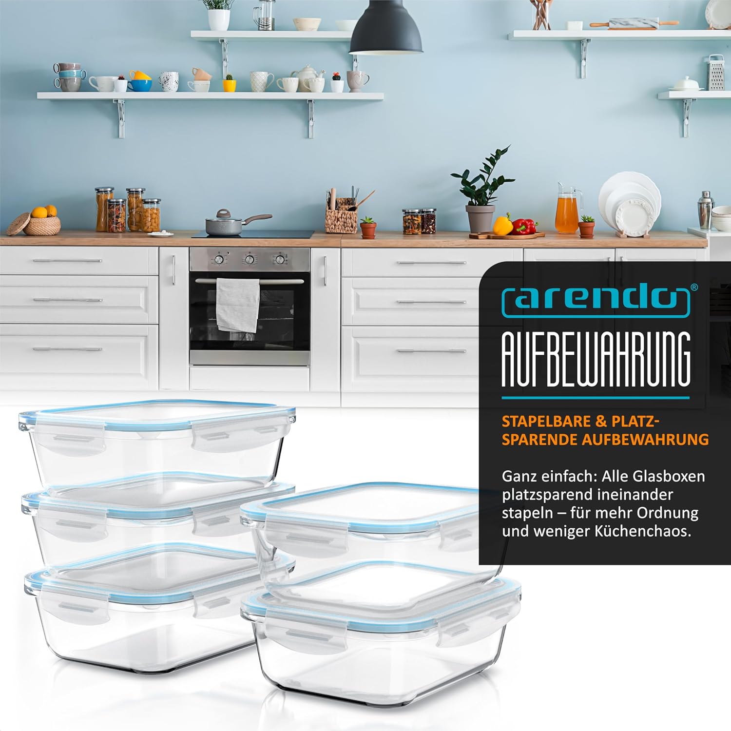 Arendo – Lunchboxen aus Glas, Frischhaltedosen für Lebensmittel mit luftdichtem Deckel – 5er-Set – 1050 ml – für Mikrowelle, Backofen, Gefrierschrank – spülmaschinenfest – Vorratsgläser, Meal-Prep-Boxen-Set – Bild 5
