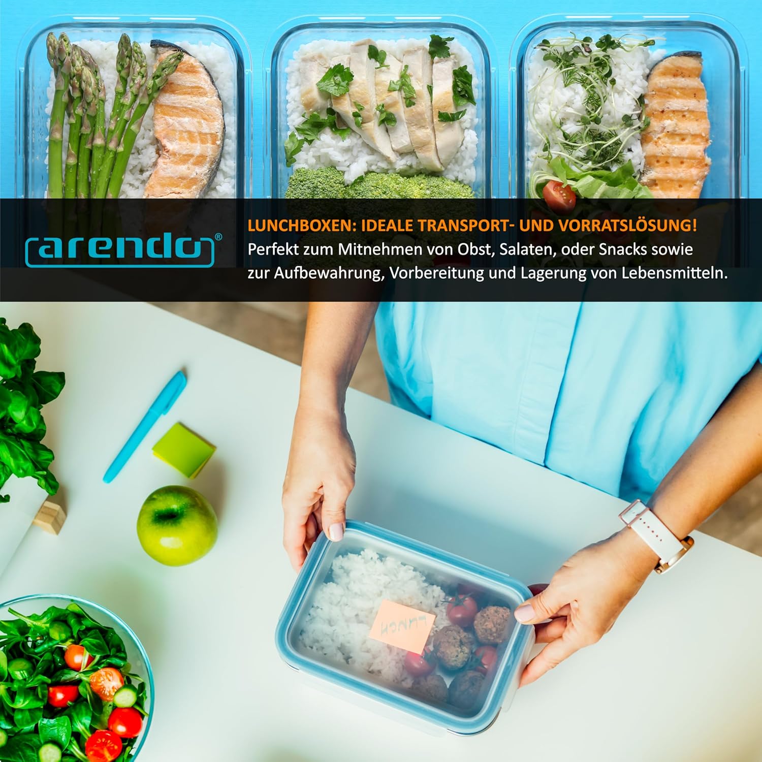 Arendo – Lunchboxen aus Glas, Frischhaltedosen für Lebensmittel mit luftdichtem Deckel – 5er-Set – 1050 ml – für Mikrowelle, Backofen, Gefrierschrank – spülmaschinenfest – Vorratsgläser, Meal-Prep-Boxen-Set – Bild 6