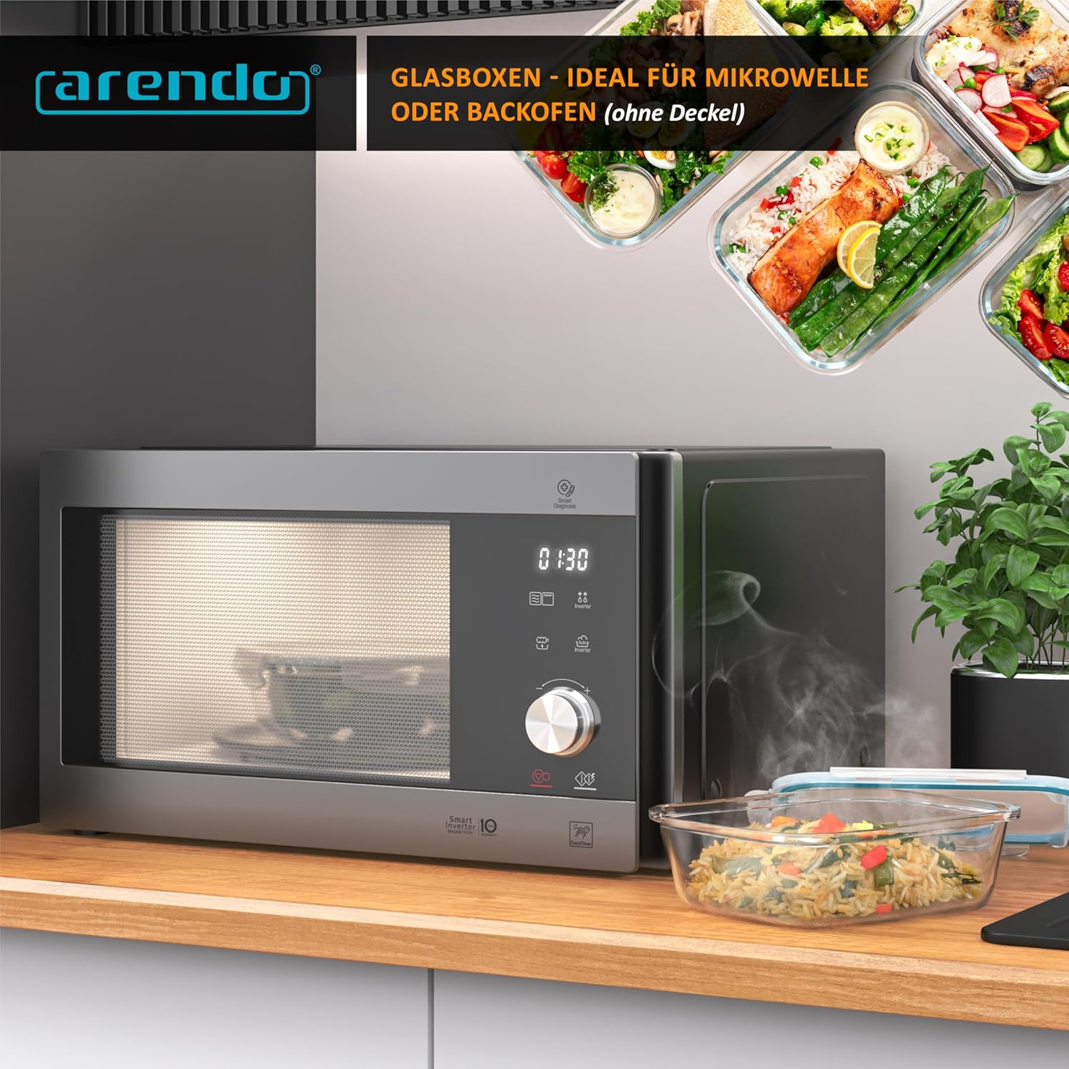 Arendo – Lunchboxen aus Glas, Frischhaltedosen für Lebensmittel mit luftdichtem Deckel – 5er-Set – 1050 ml – für Mikrowelle, Backofen, Gefrierschrank – spülmaschinenfest – Vorratsgläser, Meal-Prep-Boxen-Set – Bild 7