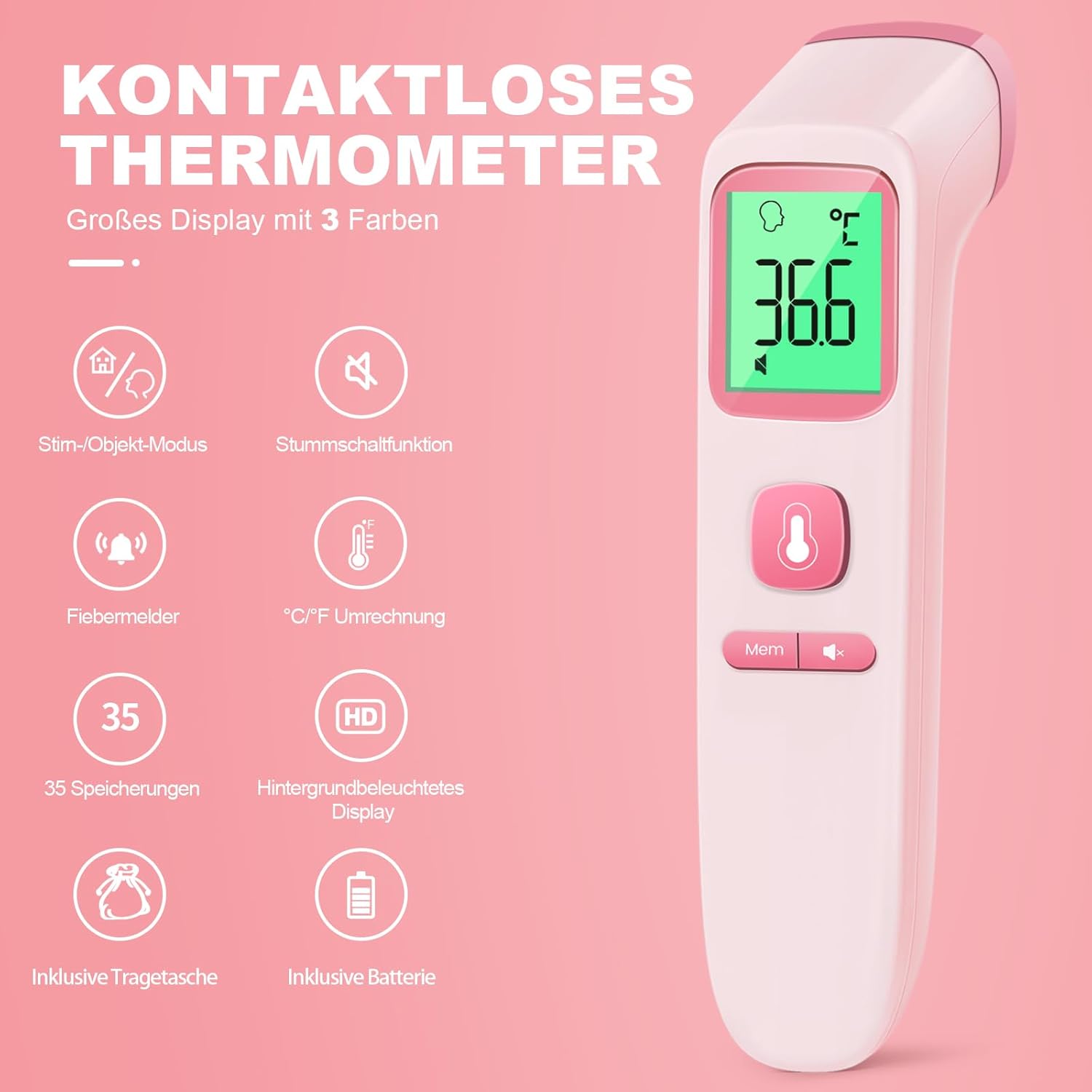 Fieberthermometer, kontaktloses Stirnthermometer, digitales Infrarot-Thermometer für Babys und Erwachsene mit sofortiger Messgenauigkeit und Fieberalarm (Rosa) – Bild 2