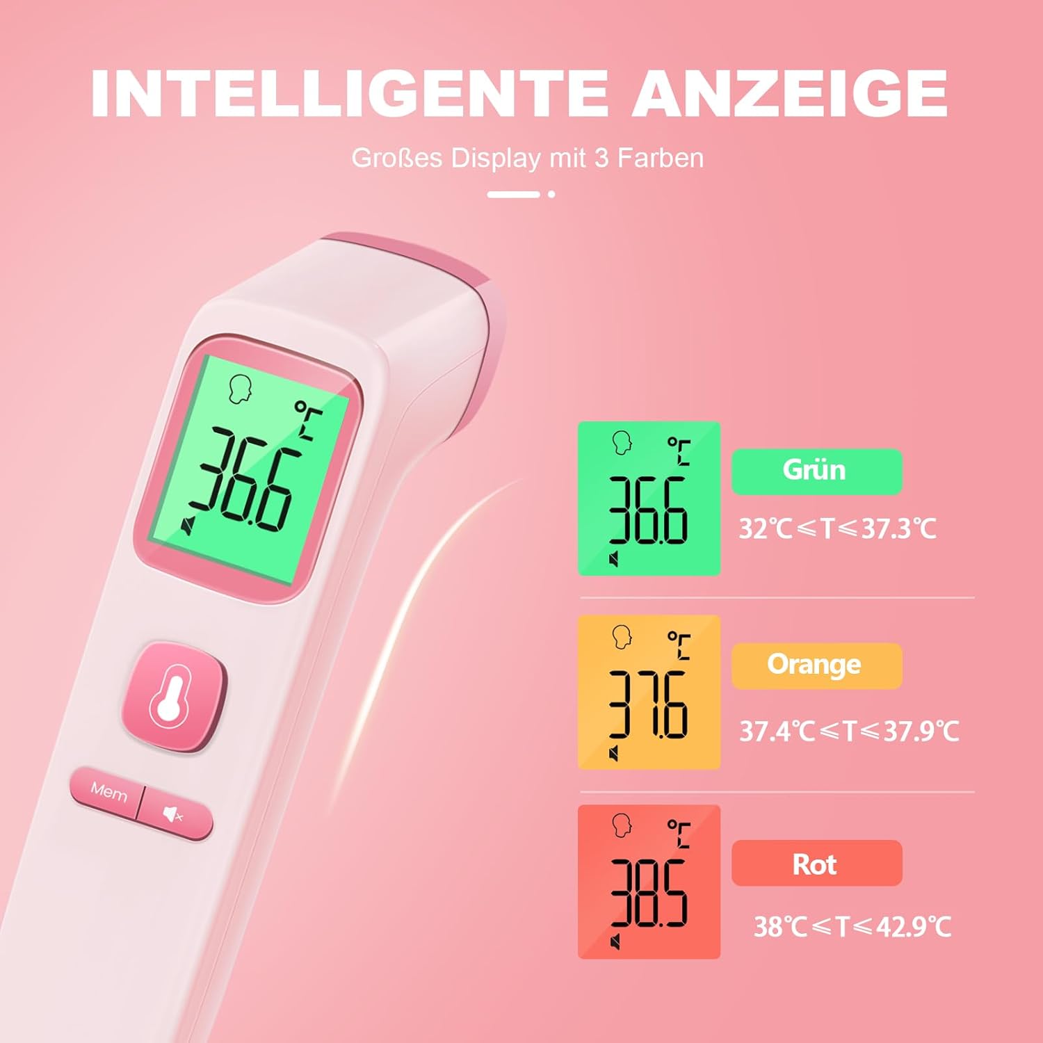 Fieberthermometer, kontaktloses Stirnthermometer, digitales Infrarot-Thermometer für Babys und Erwachsene mit sofortiger Messgenauigkeit und Fieberalarm (Rosa) – Bild 3