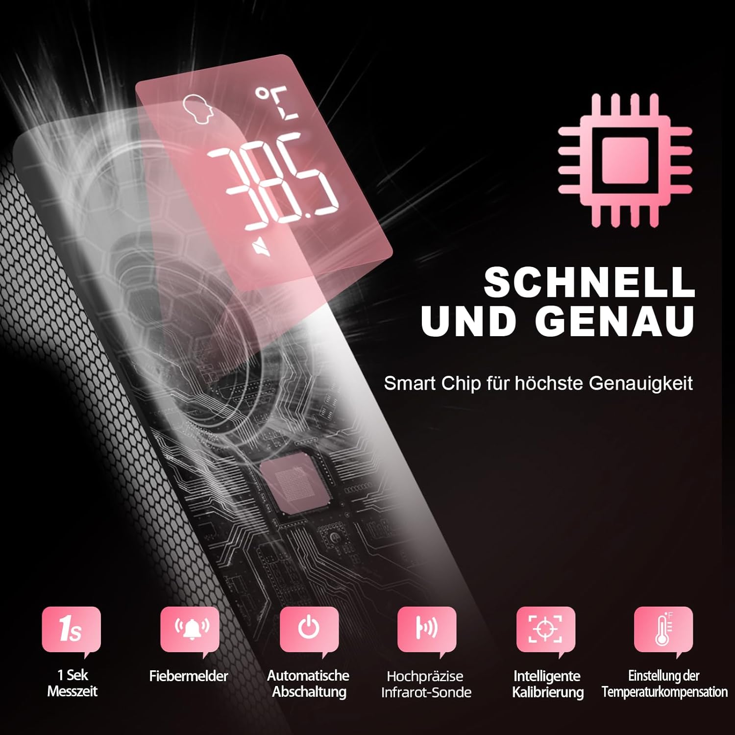 Fieberthermometer, kontaktloses Stirnthermometer, digitales Infrarot-Thermometer für Babys und Erwachsene mit sofortiger Messgenauigkeit und Fieberalarm (Rosa) – Bild 4