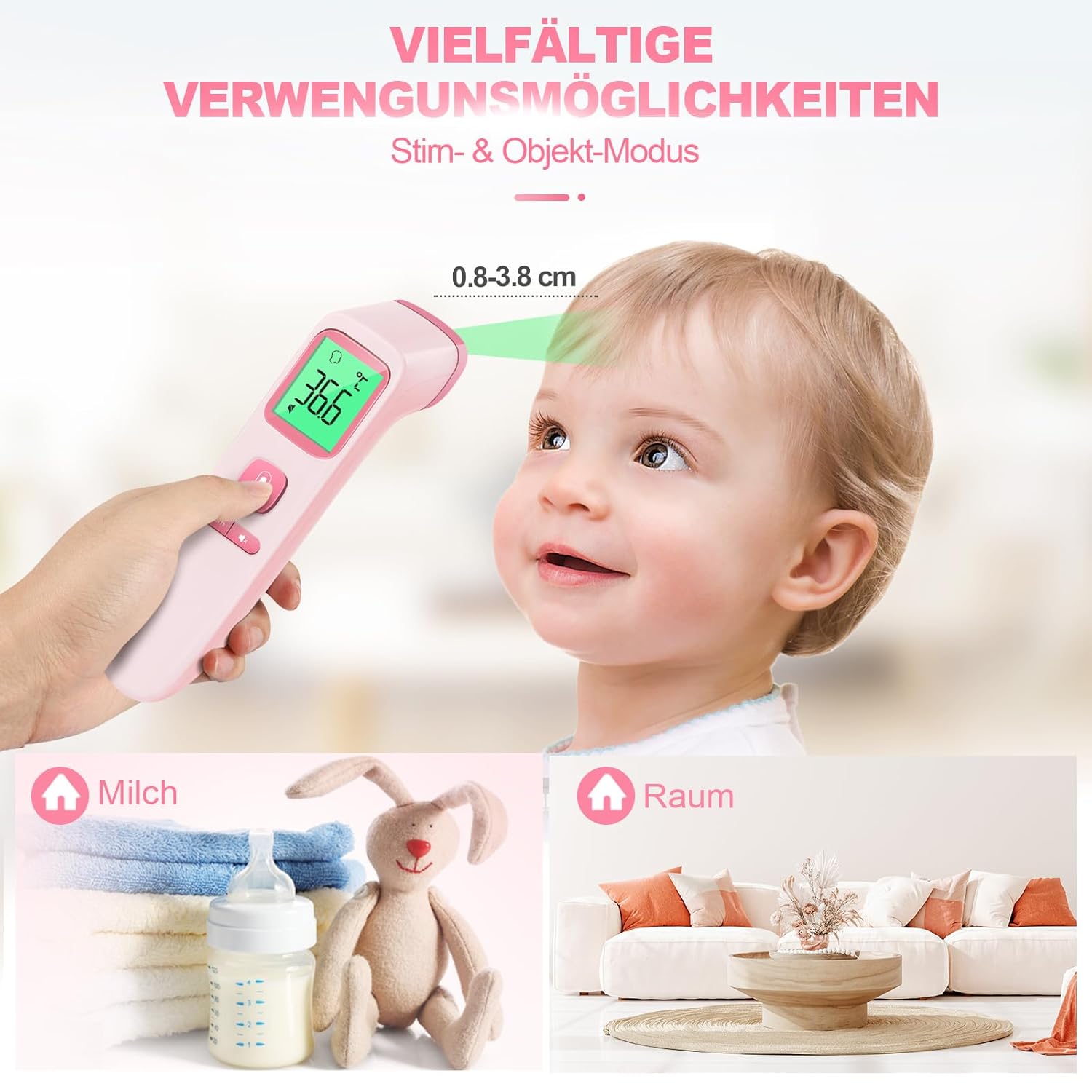 Fieberthermometer, kontaktloses Stirnthermometer, digitales Infrarot-Thermometer für Babys und Erwachsene mit sofortiger Messgenauigkeit und Fieberalarm (Rosa) – Bild 5