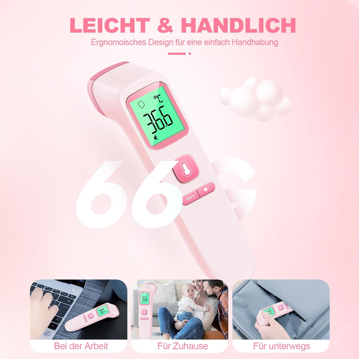 Fieberthermometer, kontaktloses Stirnthermometer, digitales Infrarot-Thermometer für Babys und Erwachsene mit sofortiger Messgenauigkeit und Fieberalarm (Rosa) – Bild 7
