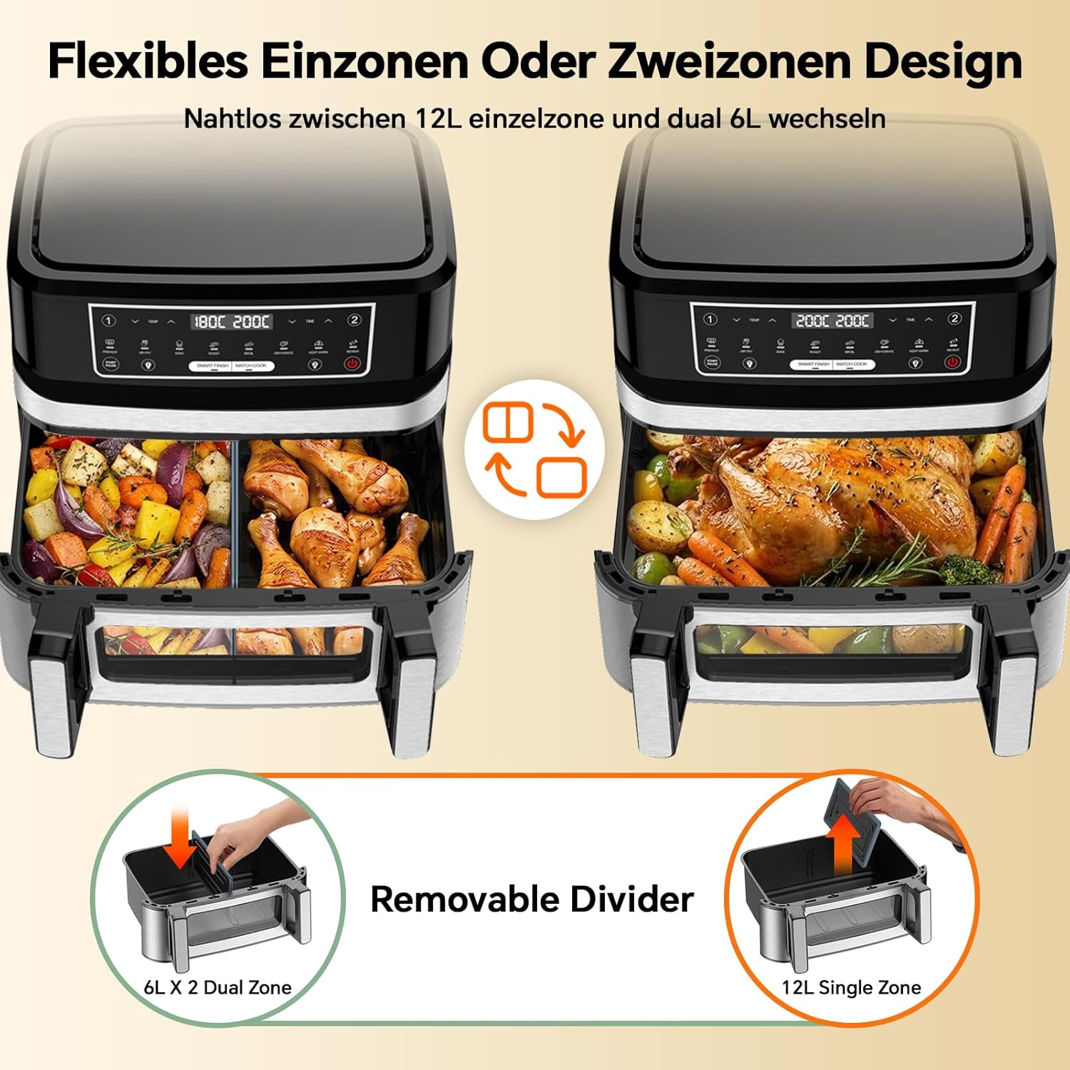 Heißluftfritteuse 12L | Heißluftfritteuse XXL variabel für Einzel- und Doppelkammer, 2600 W Doppelheizelement, separate Temperierung mit Sichtfenster und Innenbeleuchtung, Airfryer Doppelkammer 8-in-1 Touch-Control-Rezept – Bild 2