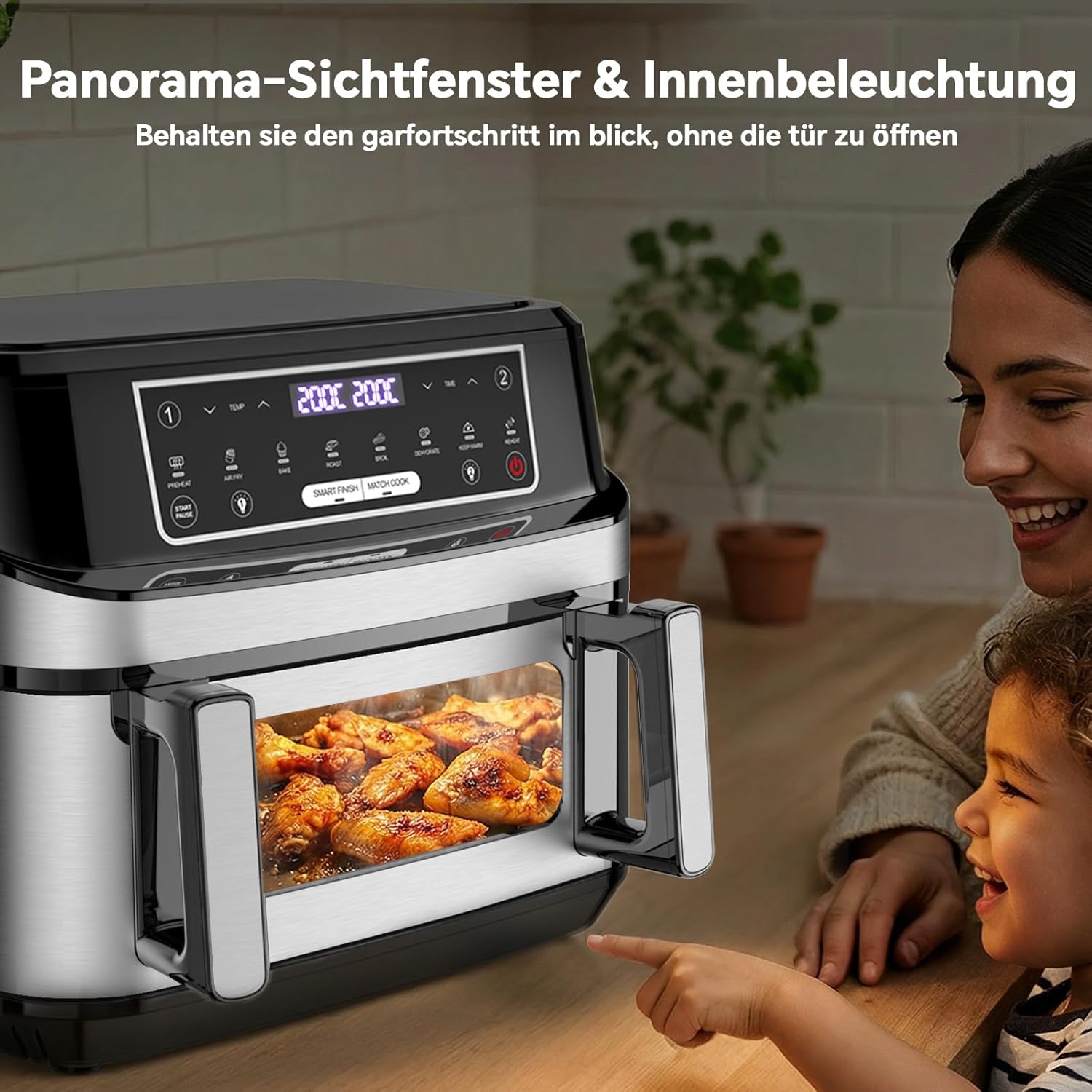 Heißluftfritteuse 12L | Heißluftfritteuse XXL variabel für Einzel- und Doppelkammer, 2600 W Doppelheizelement, separate Temperierung mit Sichtfenster und Innenbeleuchtung, Airfryer Doppelkammer 8-in-1 Touch-Control-Rezept – Bild 3