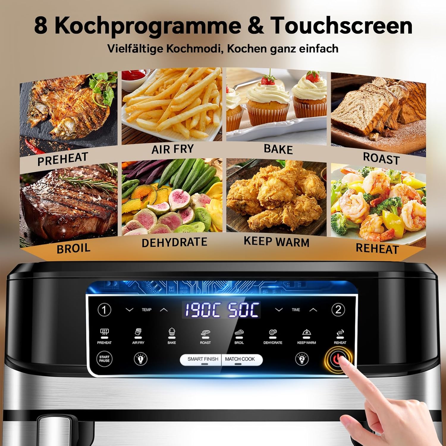 Heißluftfritteuse 12L | Heißluftfritteuse XXL variabel für Einzel- und Doppelkammer, 2600 W Doppelheizelement, separate Temperierung mit Sichtfenster und Innenbeleuchtung, Airfryer Doppelkammer 8-in-1 Touch-Control-Rezept – Bild 4