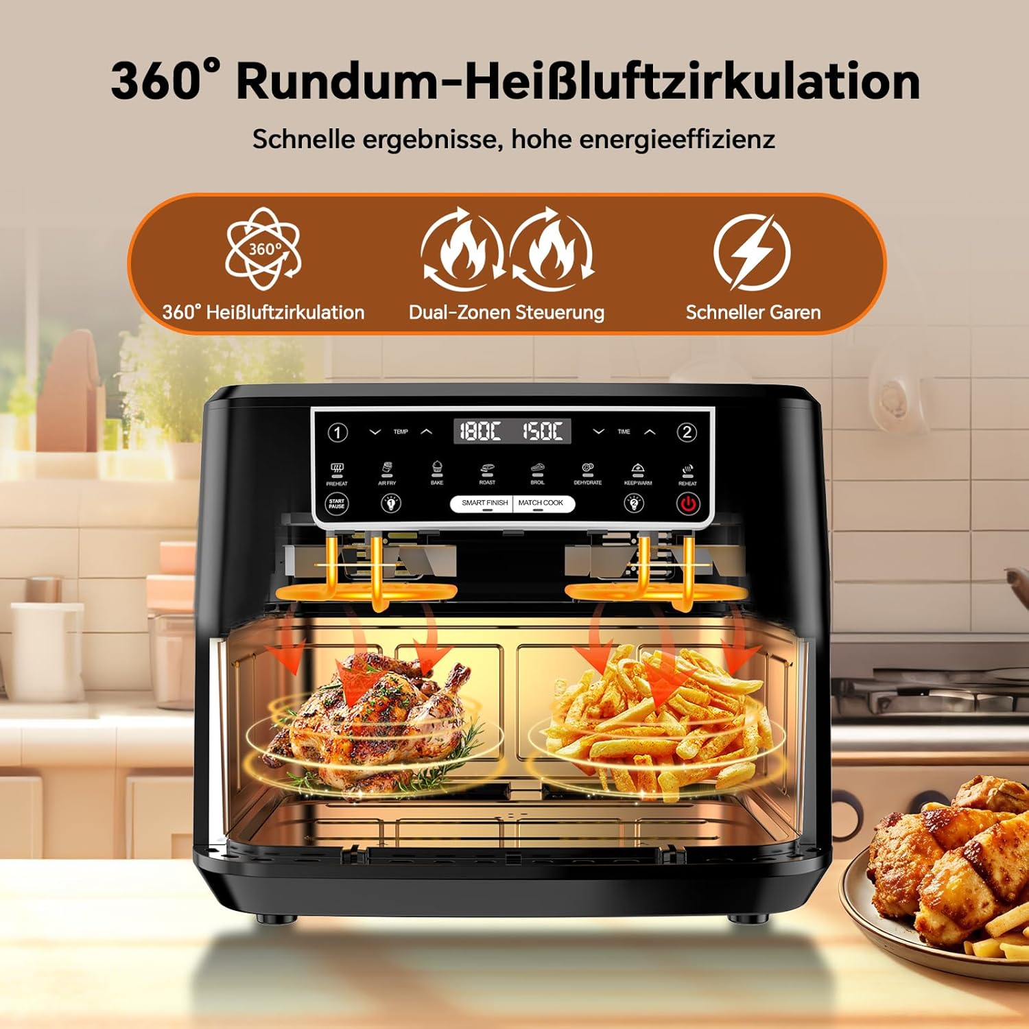 Heißluftfritteuse 12L | Heißluftfritteuse XXL variabel für Einzel- und Doppelkammer, 2600 W Doppelheizelement, separate Temperierung mit Sichtfenster und Innenbeleuchtung, Airfryer Doppelkammer 8-in-1 Touch-Control-Rezept – Bild 5
