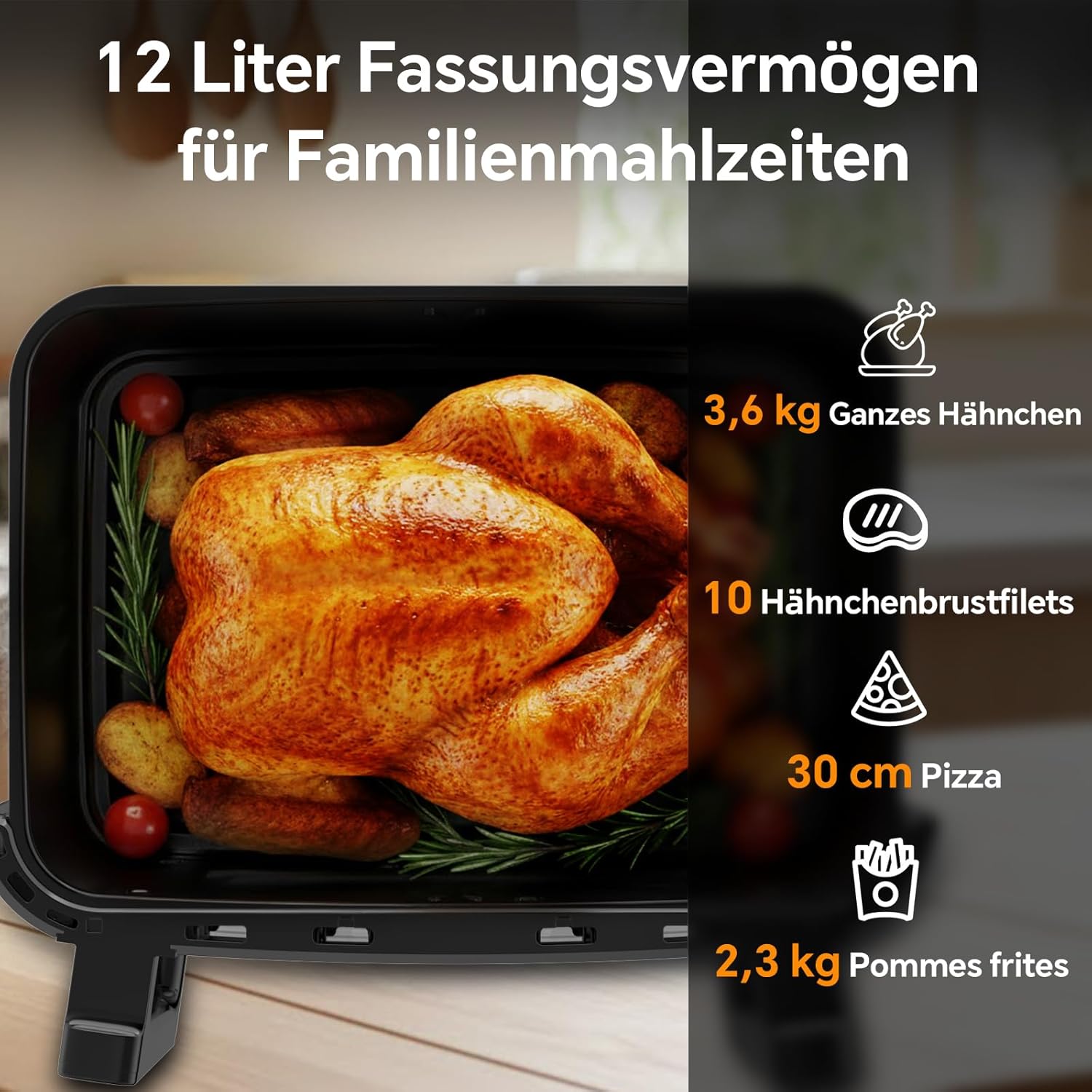 Heißluftfritteuse 12L | Heißluftfritteuse XXL variabel für Einzel- und Doppelkammer, 2600 W Doppelheizelement, separate Temperierung mit Sichtfenster und Innenbeleuchtung, Airfryer Doppelkammer 8-in-1 Touch-Control-Rezept – Bild 6