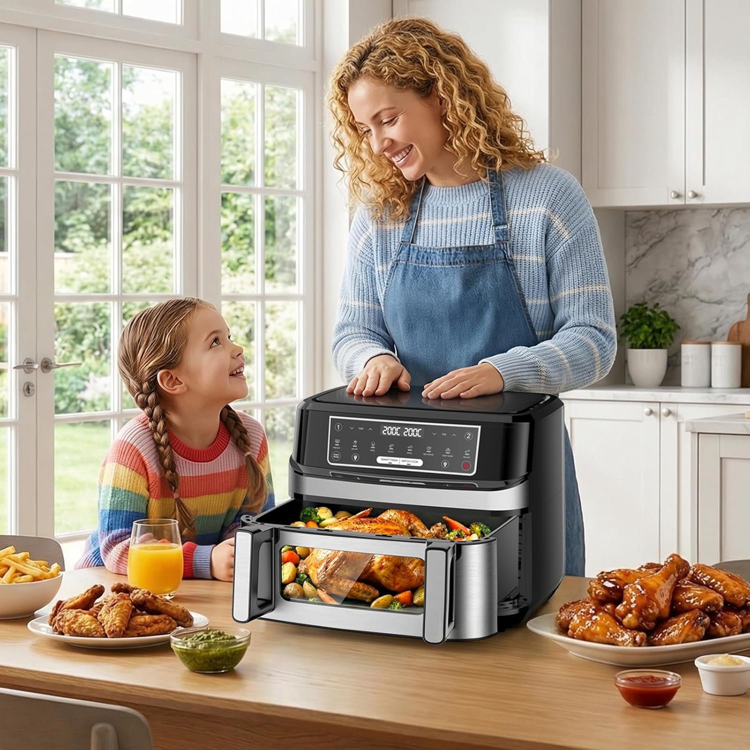 Heißluftfritteuse 12L | Heißluftfritteuse XXL variabel für Einzel- und Doppelkammer, 2600 W Doppelheizelement, separate Temperierung mit Sichtfenster und Innenbeleuchtung, Airfryer Doppelkammer 8-in-1 Touch-Control-Rezept – Bild 8