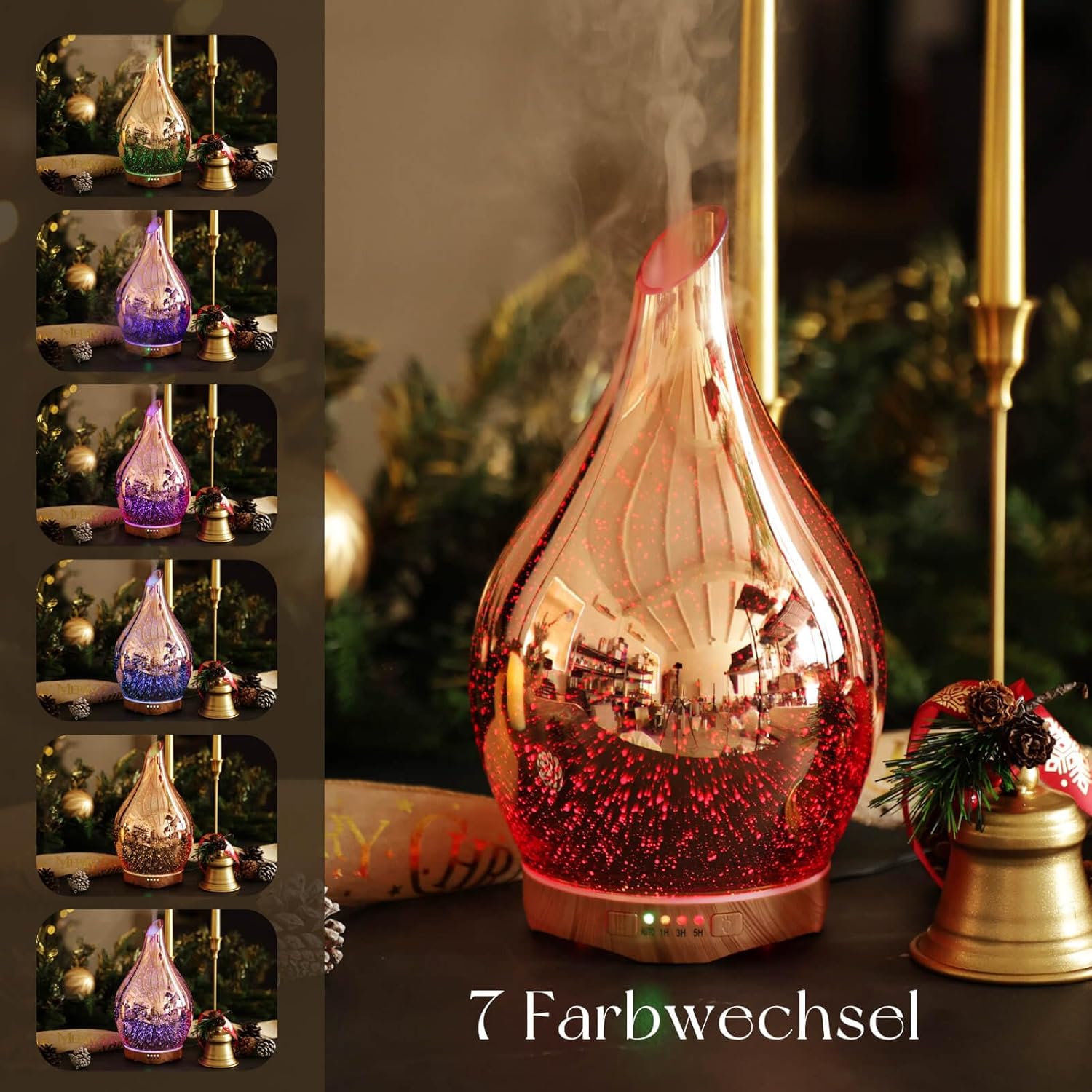 Porseme Aromadiffusor 280 ml, Luftbefeuchter aus mundgeblasenem Glas, Ultraschall-Aromatherapie-Öldiffusor mit 7 farbigen LED-Lichtern, Diffusor für ätherische Öle mit Fernbedienung für Zuhause (Roségold) – Bild 3