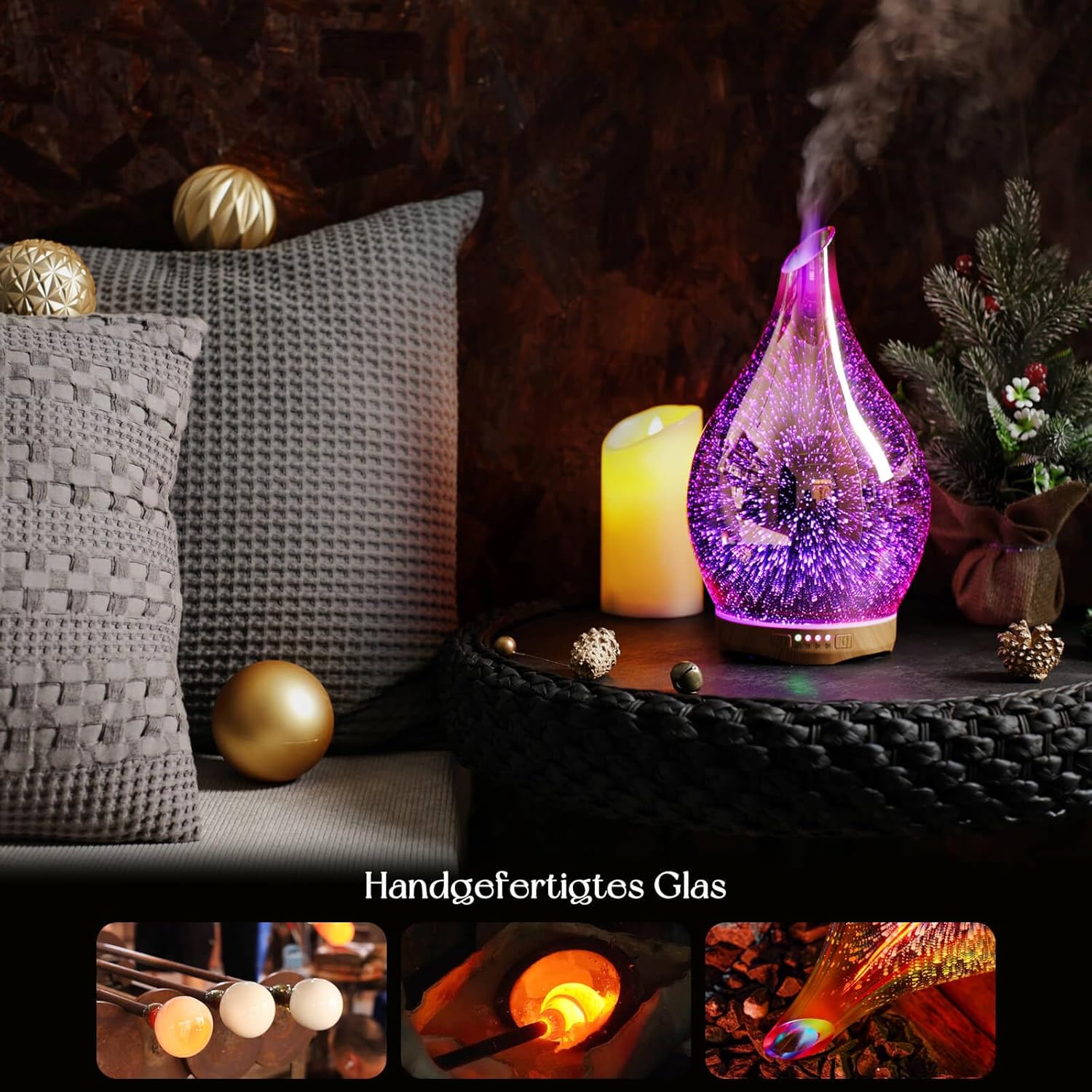 Porseme Aromadiffusor 280 ml, Luftbefeuchter aus mundgeblasenem Glas, Ultraschall-Aromatherapie-Öldiffusor mit 7 farbigen LED-Lichtern, Diffusor für ätherische Öle mit Fernbedienung für Zuhause (Roségold) – Bild 4