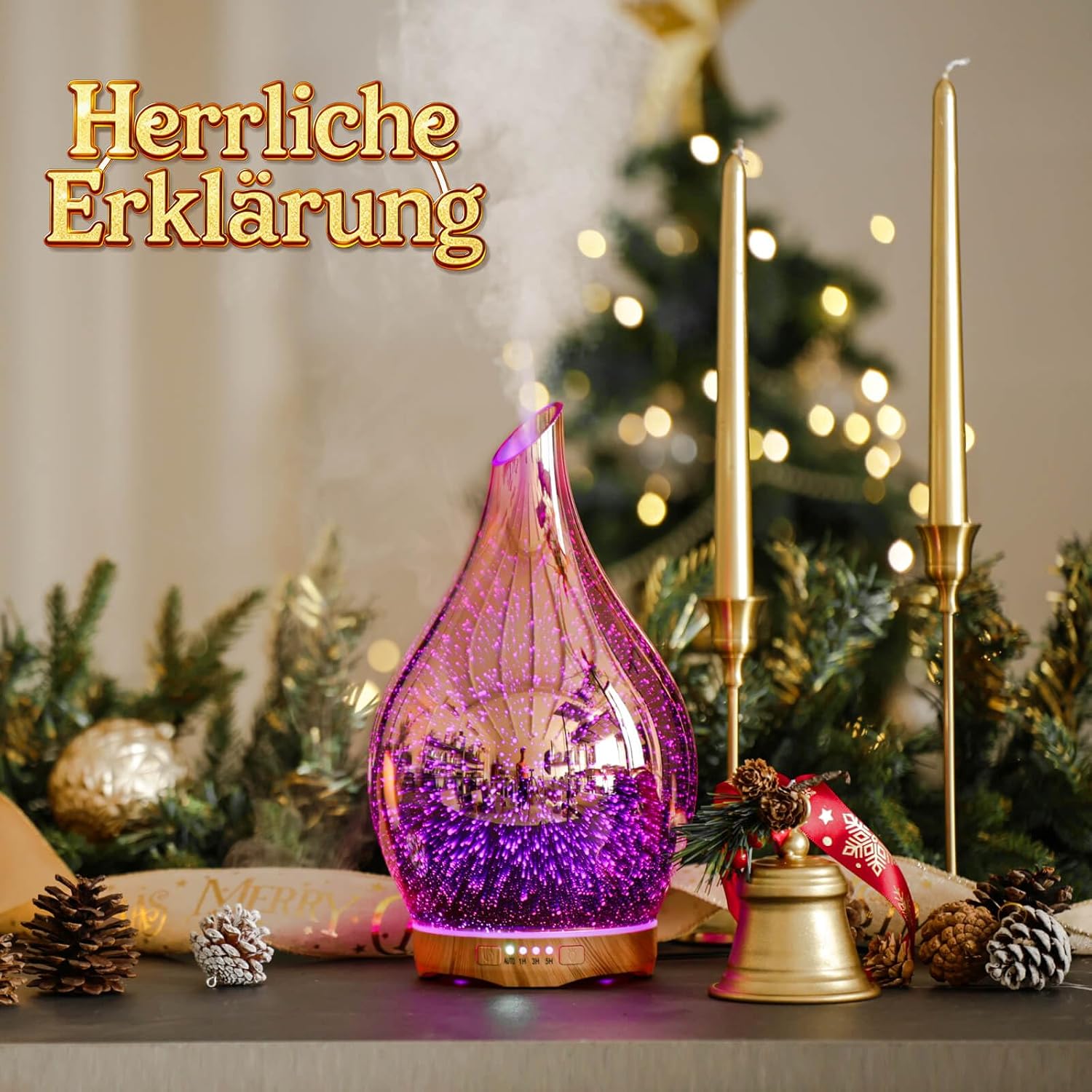 Porseme Aromadiffusor 280 ml, Luftbefeuchter aus mundgeblasenem Glas, Ultraschall-Aromatherapie-Öldiffusor mit 7 farbigen LED-Lichtern, Diffusor für ätherische Öle mit Fernbedienung für Zuhause (Roségold) – Bild 6