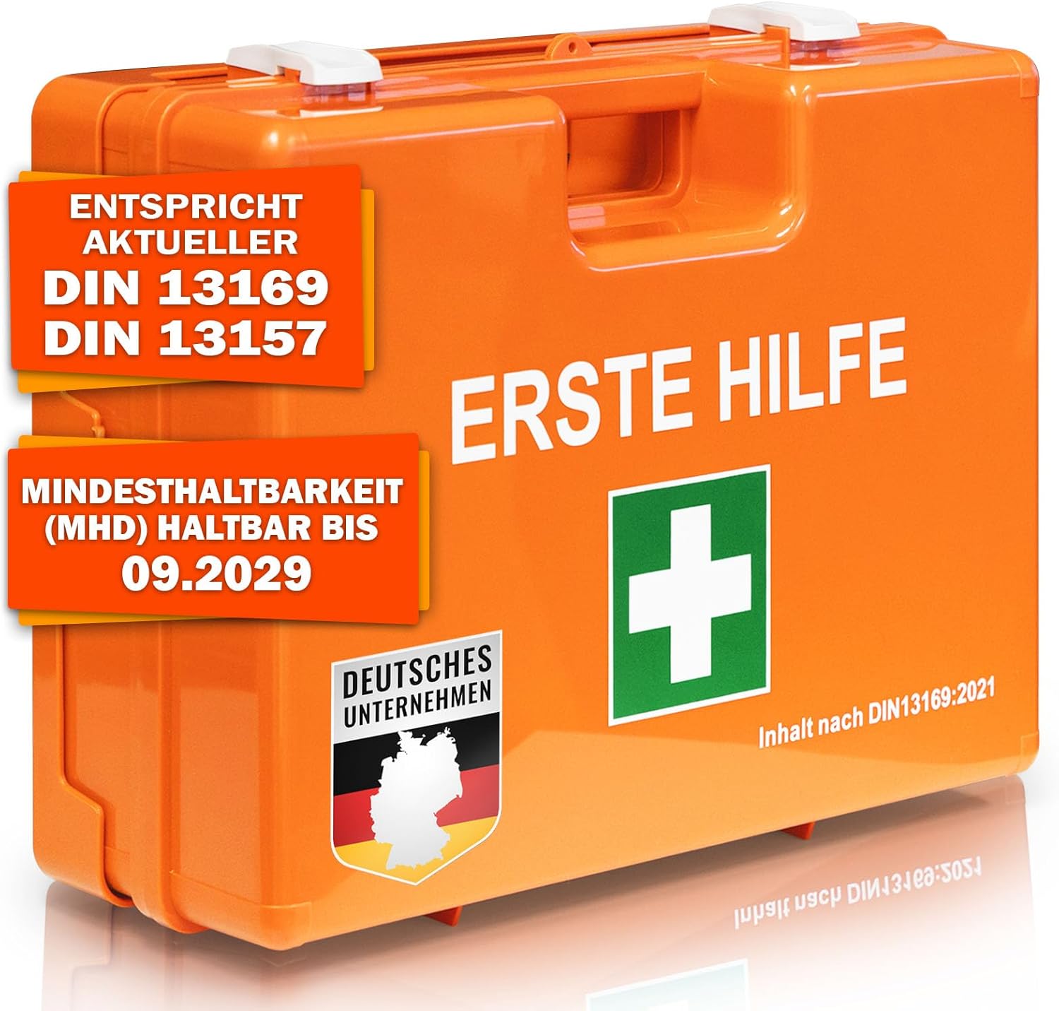 KARAT Mittelgroßer Erste-Hilfe-Kasten für Gewerbe & Haushalt DIN 13169:2021 gefüllt inkl. Wandhalterung | 1 Erste-Hilfe-Set für Büro und Gastronomie, Notfallbox für bis zu 100 Mitarbeiter (32 x 22 x 13 cm)