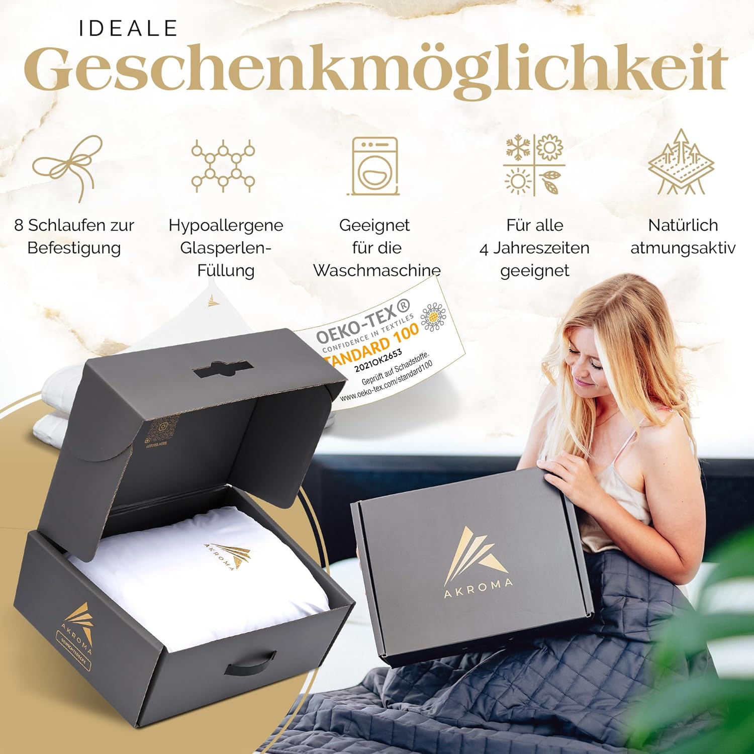 Akroma Premium Gewichtsdecke 155 x 220 cm 6 kg – Anti-Stress-Therapiedecke – schwere Bettdecke für besseren Schlaf – Entspannungsdecke gegen Schlafstörungen – 100 % Baumwolle (ÖkoTex) – Gewichtsdecke – Bild 4
