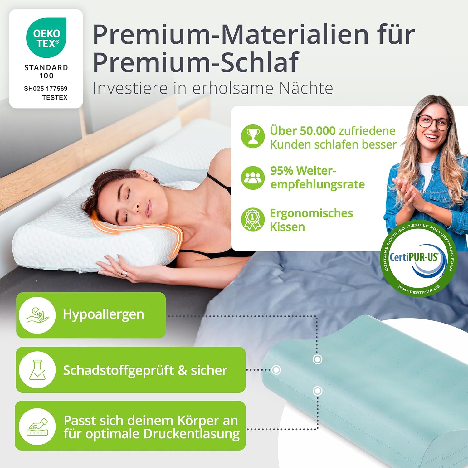 Feela. Orthopädisches Kissen/Schlafkissen (3 Härtegrade) – lindert Nacken- und Schulterschmerzen, erhöht den Schlafkomfort und entlastet die Halswirbelsäule | Kissen, Kissen 80 x 40 cm, Kissen (hart) – Bild 5