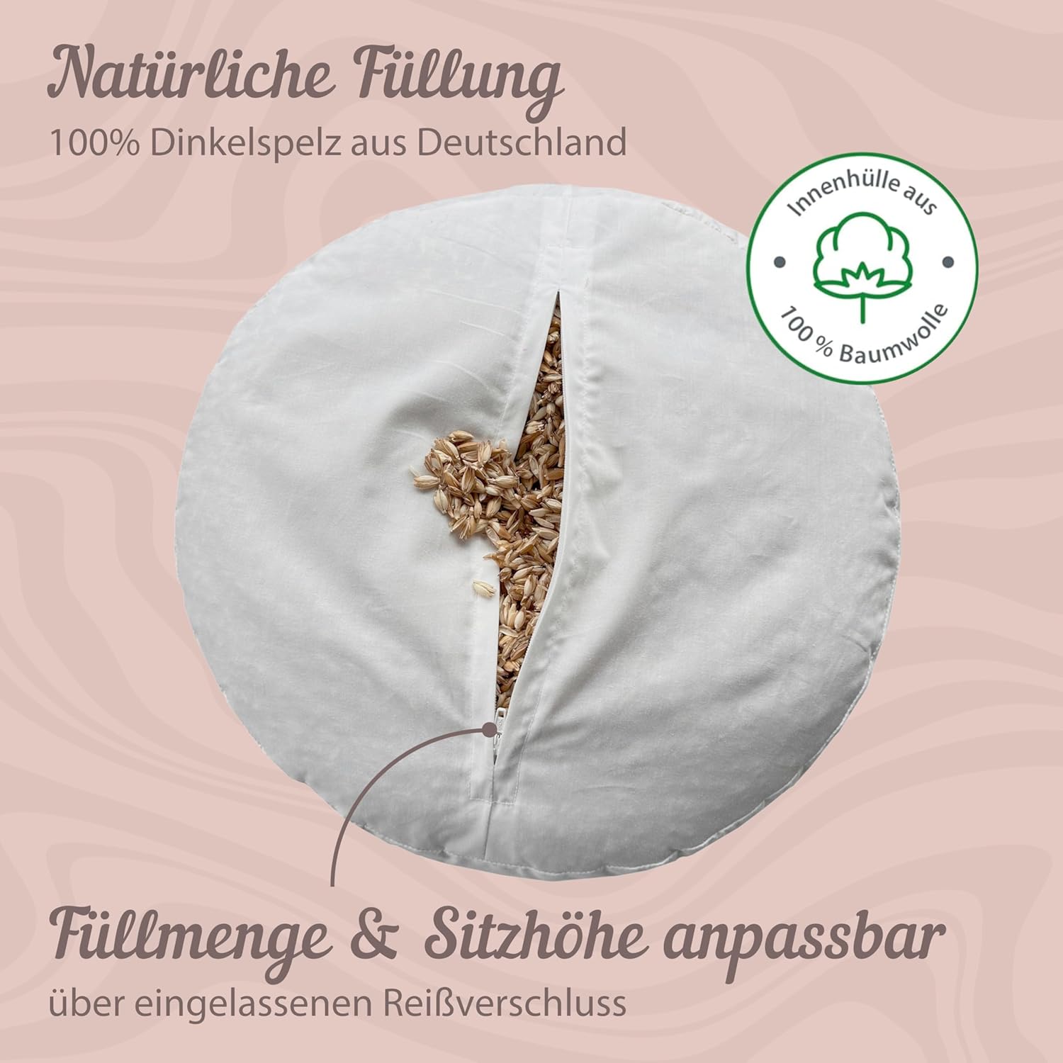 Soul Pillow Meditationskissen, Yoga-Sitzkissen, 15 cm hoch, Ø 30 cm, mit Dinkelfüllung, waschbarer Bezug, Sitzkissenunterlage für Meditations- und Yogakissen, rund, Öko-Tex 100 – Bild 4
