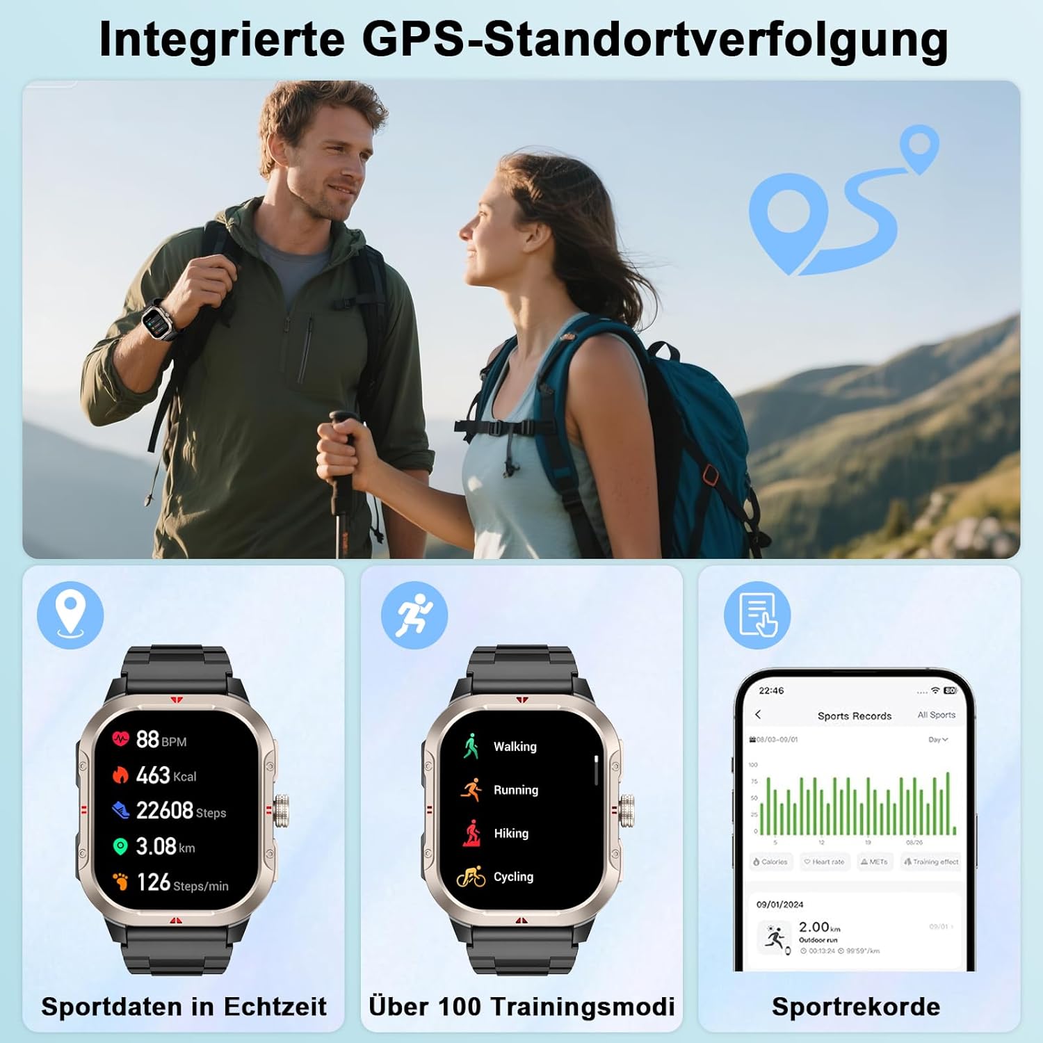 Militär Smartwatch Herren Damen 2,06 Zoll HD Smartwatch mit Telefonfunktion, Sportuhr mit Herzfrequenz Schlafmonitor Schrittzähler IP68 Wasserdicht 110+ Sportmodi Fitnessuhr für Android/iOS (Schwarz) – Bild 2