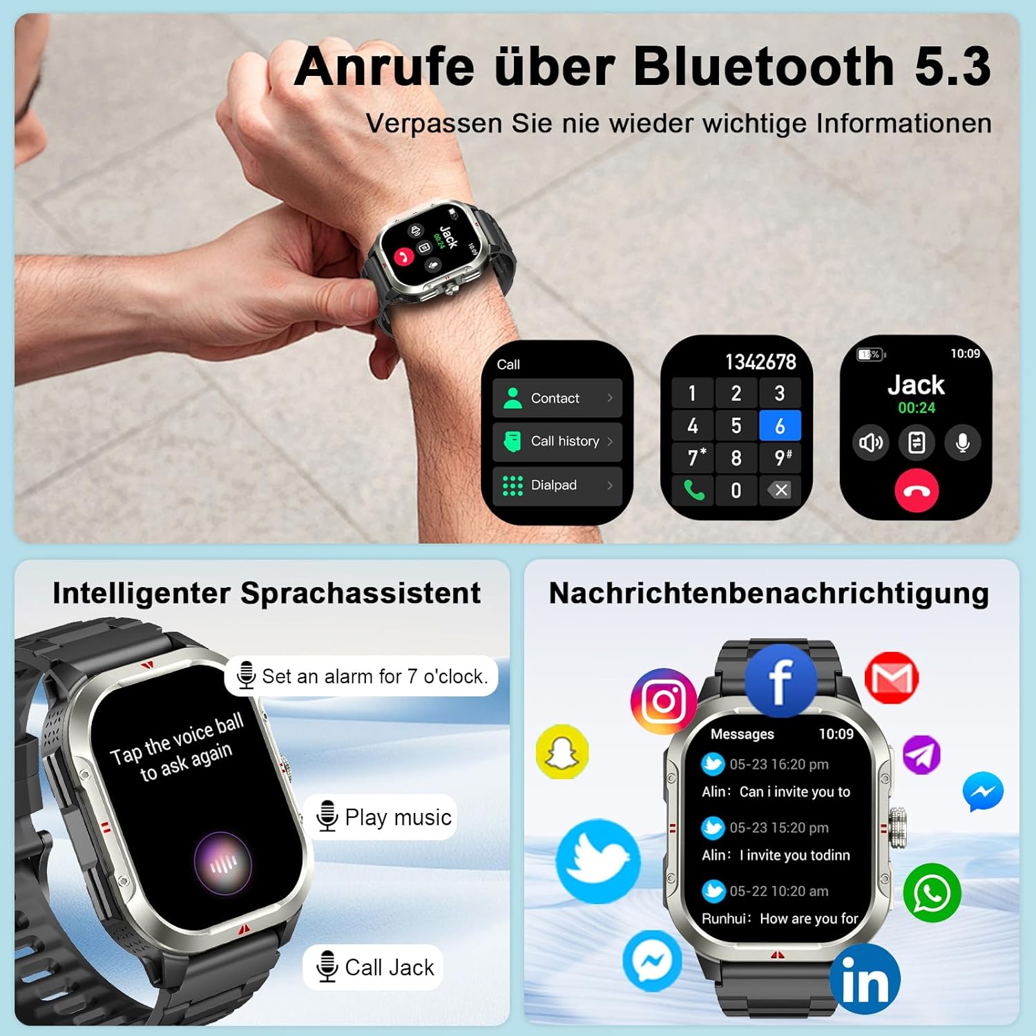 Militär Smartwatch Herren Damen 2,06 Zoll HD Smartwatch mit Telefonfunktion, Sportuhr mit Herzfrequenz Schlafmonitor Schrittzähler IP68 Wasserdicht 110+ Sportmodi Fitnessuhr für Android/iOS (Schwarz) – Bild 3