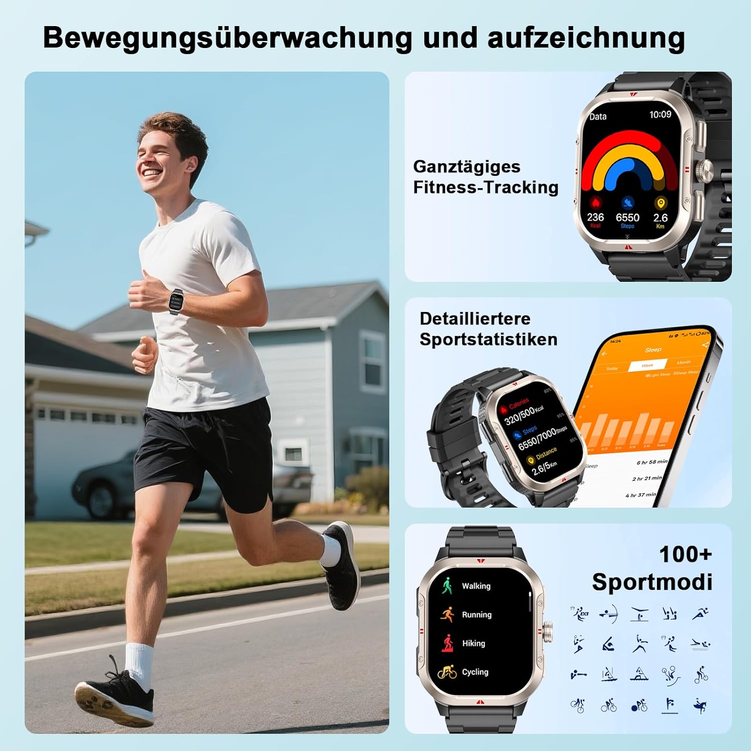 Militär Smartwatch Herren Damen 2,06 Zoll HD Smartwatch mit Telefonfunktion, Sportuhr mit Herzfrequenz Schlafmonitor Schrittzähler IP68 Wasserdicht 110+ Sportmodi Fitnessuhr für Android/iOS (Schwarz) – Bild 4