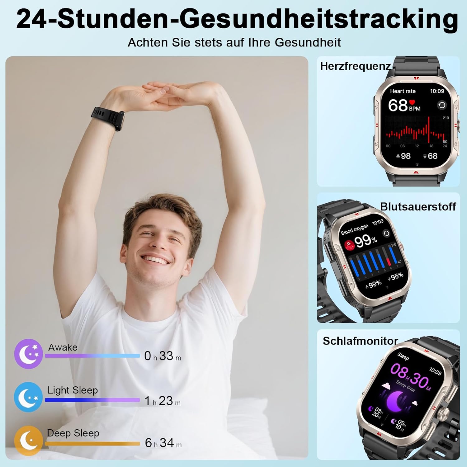 Militär Smartwatch Herren Damen 2,06 Zoll HD Smartwatch mit Telefonfunktion, Sportuhr mit Herzfrequenz Schlafmonitor Schrittzähler IP68 Wasserdicht 110+ Sportmodi Fitnessuhr für Android/iOS (Schwarz) – Bild 5