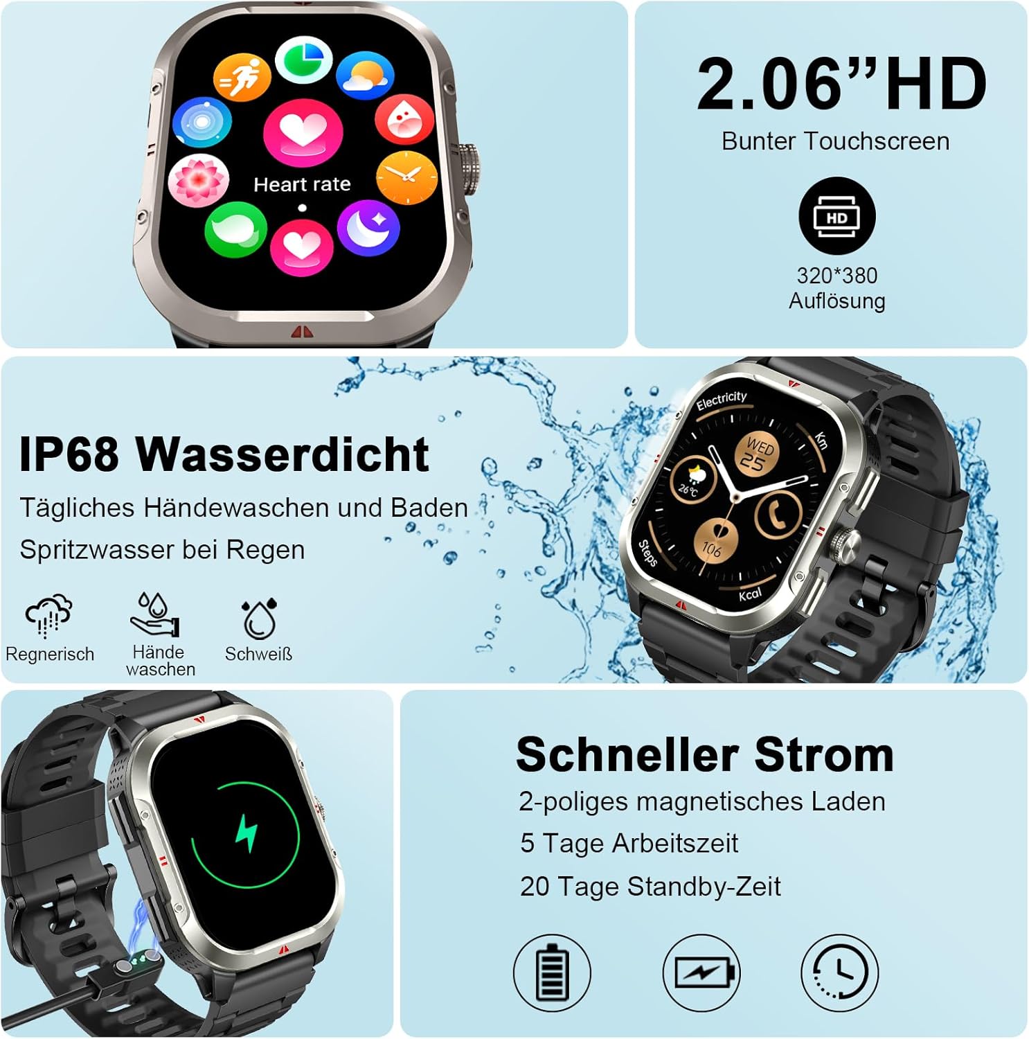 Militär Smartwatch Herren Damen 2,06 Zoll HD Smartwatch mit Telefonfunktion, Sportuhr mit Herzfrequenz Schlafmonitor Schrittzähler IP68 Wasserdicht 110+ Sportmodi Fitnessuhr für Android/iOS (Schwarz) – Bild 6