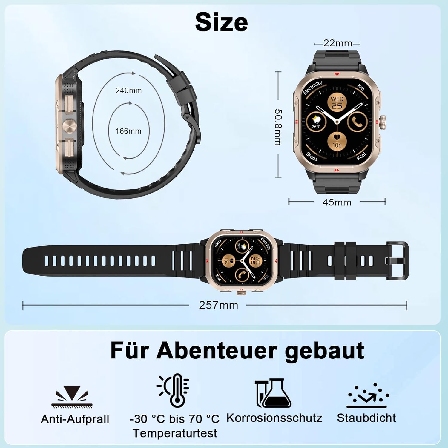 Militär Smartwatch Herren Damen 2,06 Zoll HD Smartwatch mit Telefonfunktion, Sportuhr mit Herzfrequenz Schlafmonitor Schrittzähler IP68 Wasserdicht 110+ Sportmodi Fitnessuhr für Android/iOS (Schwarz) – Bild 7