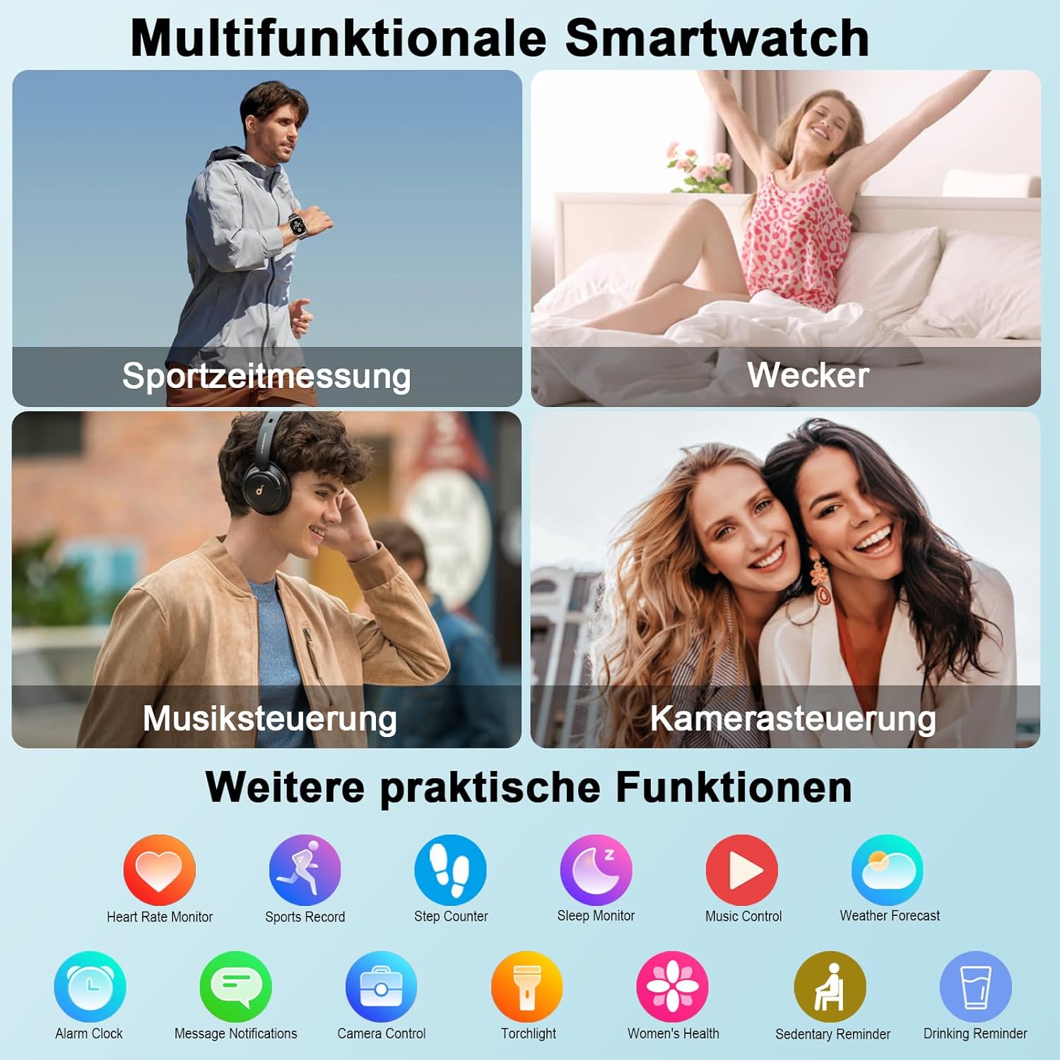 Militär Smartwatch Herren Damen 2,06 Zoll HD Smartwatch mit Telefonfunktion, Sportuhr mit Herzfrequenz Schlafmonitor Schrittzähler IP68 Wasserdicht 110+ Sportmodi Fitnessuhr für Android/iOS (Schwarz) – Bild 8