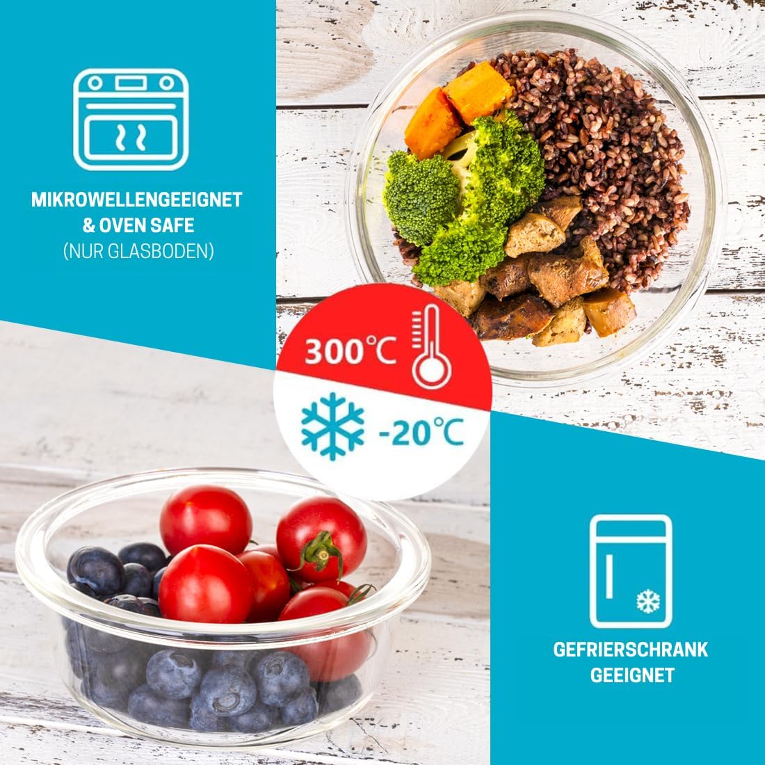 Igluu Meal Prep runde Frischhaltedosen aus Glas mit BPA-freien Deckeln (10 Stück) – mikrowellen-, ofen-, gefrierschrank-, spülmaschinenfest, auslaufsicher – 400 und 950 ml – robustes Borosilikatglas – Bild 3