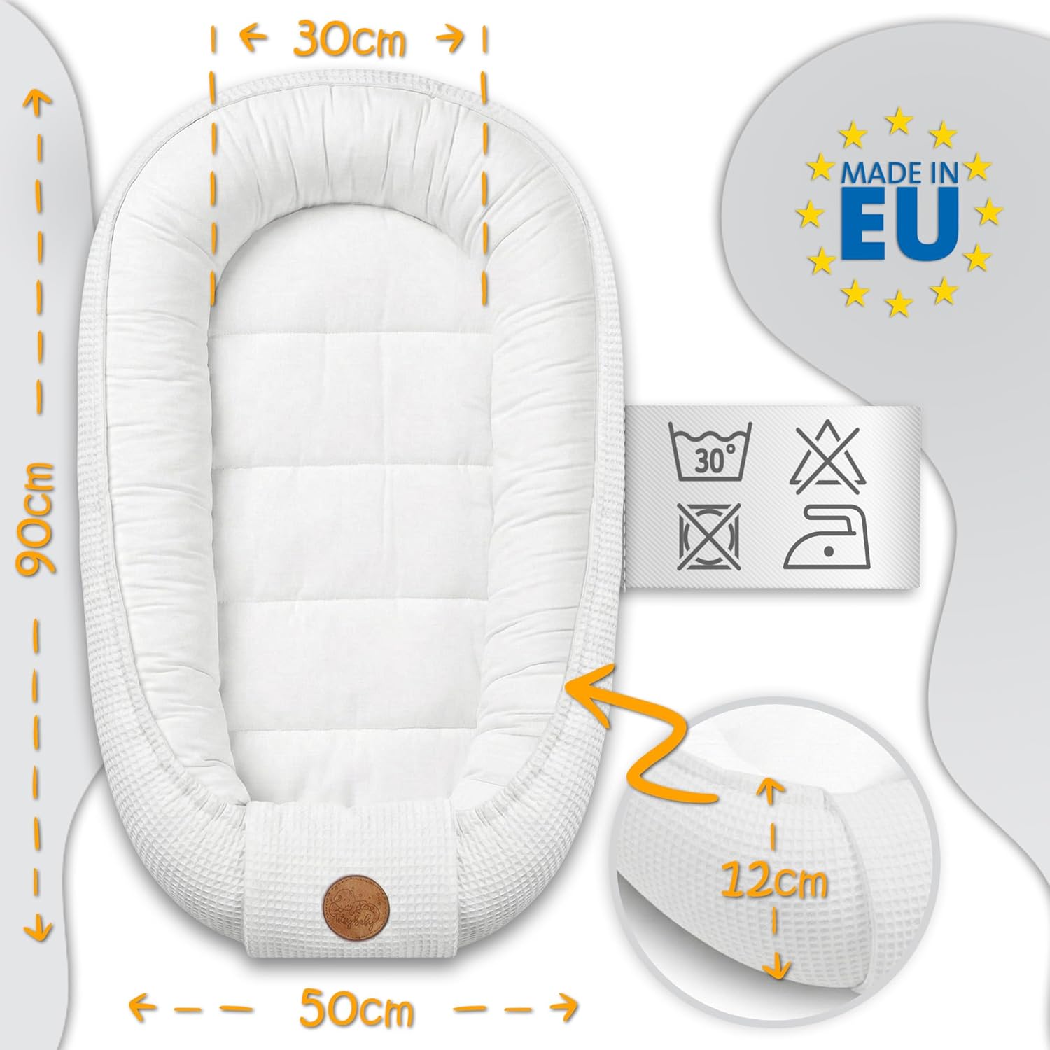 Babynest für Neugeborene/Babys, handgefertigter doppelseitiger Waffel-Piqué-Baumwollkokon, 90 x 50 cm, Wildrose – Bild 2