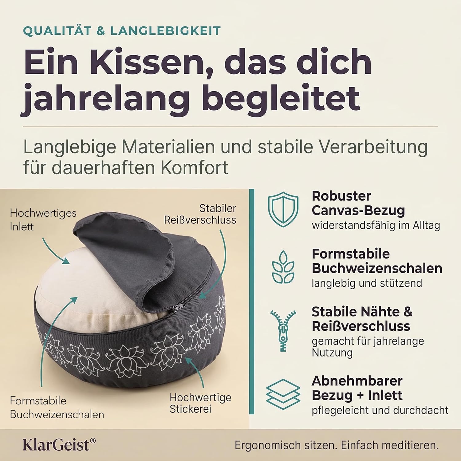 Ergo - Ergonomisches Meditationskissen – Das Yoga Kissen & Yogakissen rund | Yoga Sitzkissen Rund | Bodensitzkissen | Zafu mit Buchweizenschalen | Meditationskissen Elefant Anthrazit – Bild 6