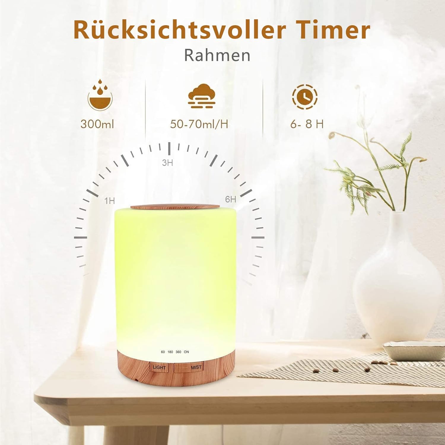 Aromadiffusor, 300 ml Luftbefeuchter mit 6 x 10 ml Set ätherischer Öle, leiser Ultraschall-Duftöldiffusor, wasserlose automatische Abschaltung, 7 Farben LED-Öldiffusor, Aromatherapie für Zimmer, Büro, Yoga, Spa – Bild 3