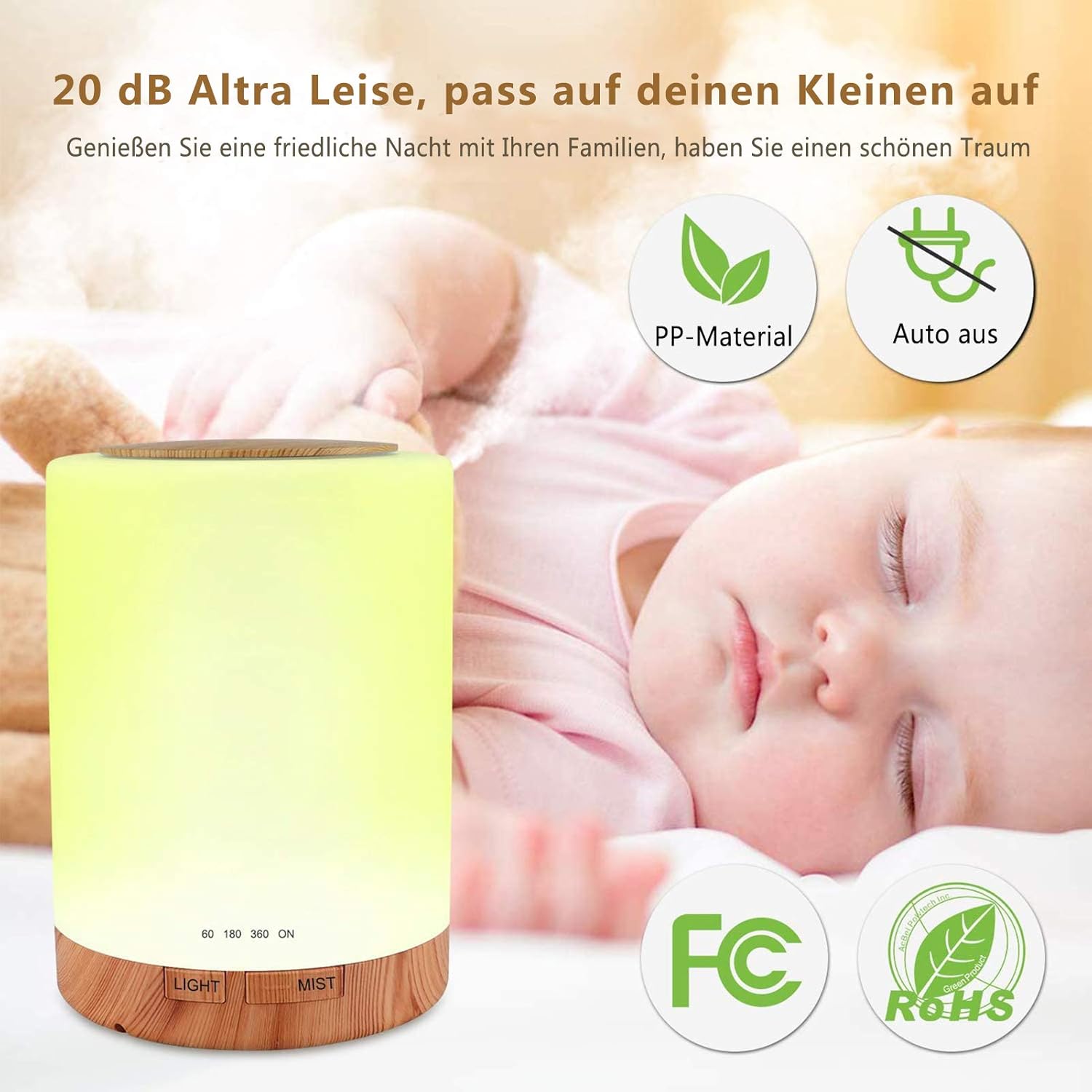Aromadiffusor, 300 ml Luftbefeuchter mit 6 x 10 ml Set ätherischer Öle, leiser Ultraschall-Duftöldiffusor, wasserlose automatische Abschaltung, 7 Farben LED-Öldiffusor, Aromatherapie für Zimmer, Büro, Yoga, Spa – Bild 4