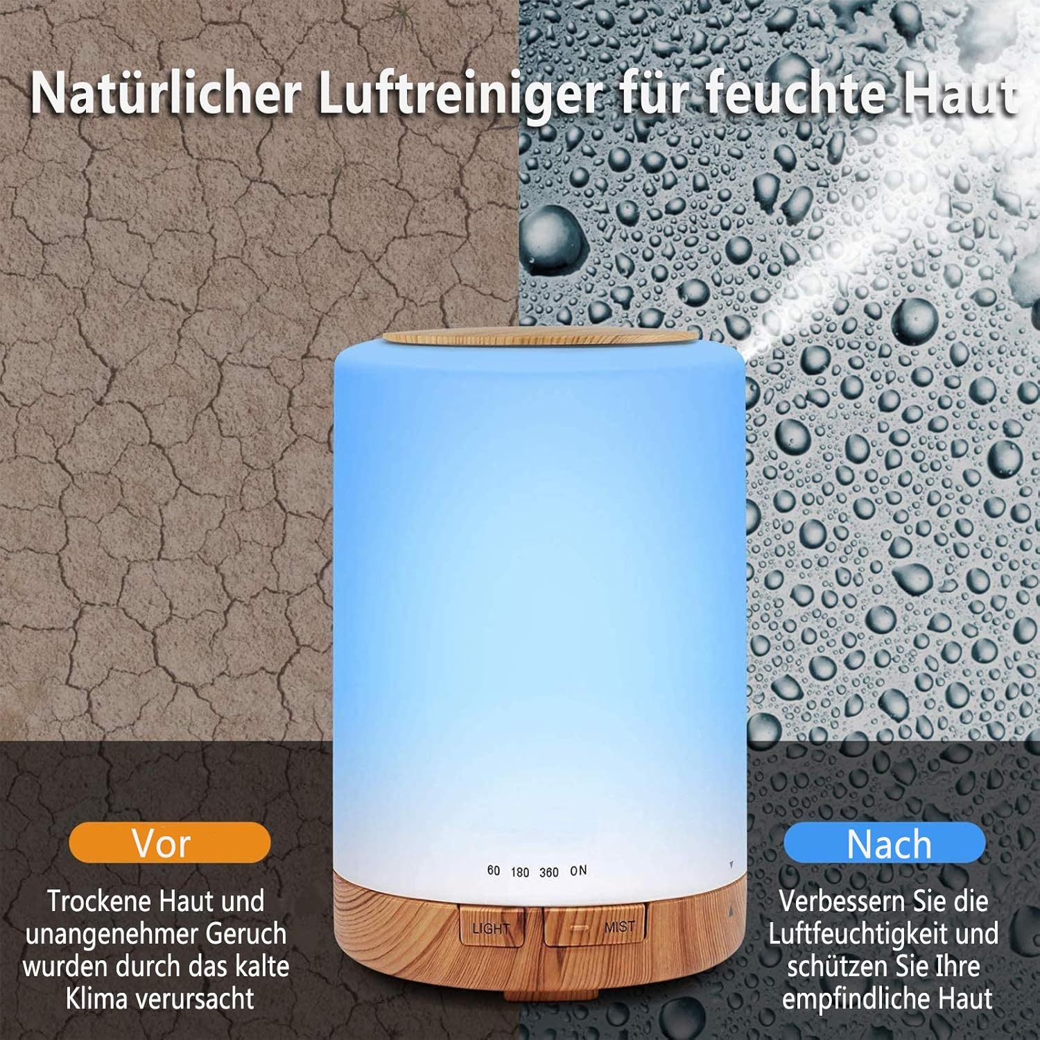 Aromadiffusor, 300 ml Luftbefeuchter mit 6 x 10 ml Set ätherischer Öle, leiser Ultraschall-Duftöldiffusor, wasserlose automatische Abschaltung, 7 Farben LED-Öldiffusor, Aromatherapie für Zimmer, Büro, Yoga, Spa – Bild 5