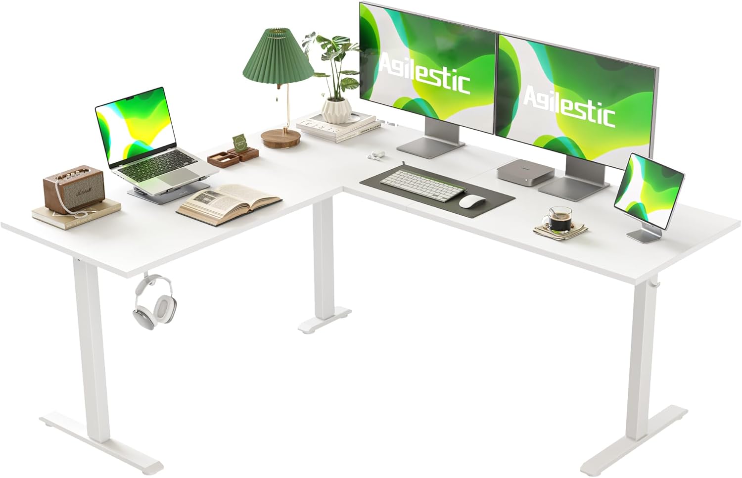 Agilestic L-förmiger höhenverstellbarer Schreibtisch, 160 x 140 cm Schreibtisch, höhenverstellbar, elektrisch, Eckschreibtisch, ergonomischer Stehsitztisch, Computertisch, weiß