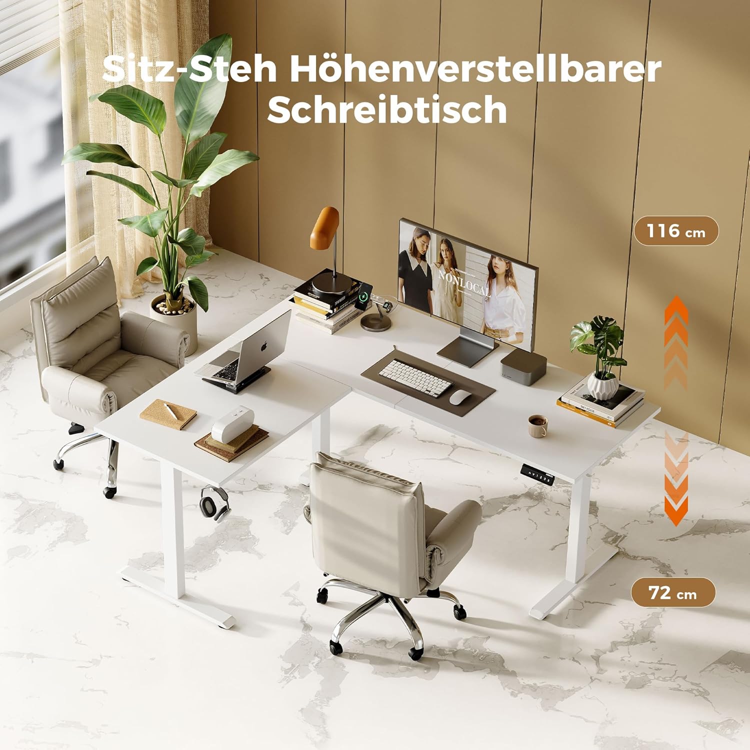 Agilestic L-förmiger höhenverstellbarer Schreibtisch, 160 x 140 cm Schreibtisch, höhenverstellbar, elektrisch, Eckschreibtisch, ergonomischer Stehsitztisch, Computertisch, weiß – Bild 2
