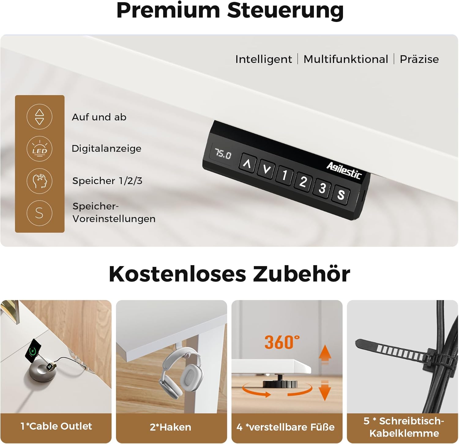 Agilestic L-förmiger höhenverstellbarer Schreibtisch, 160 x 140 cm Schreibtisch, höhenverstellbar, elektrisch, Eckschreibtisch, ergonomischer Stehsitztisch, Computertisch, weiß – Bild 6