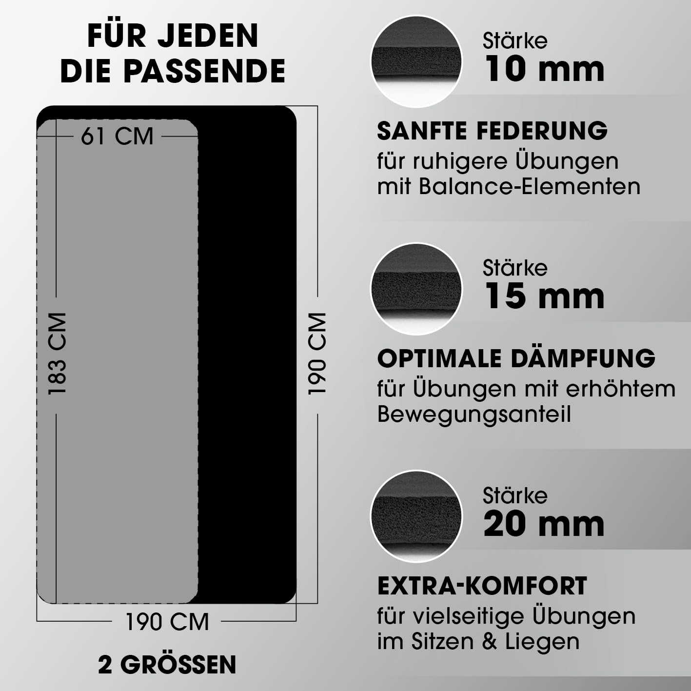 #DoYourFitness Yogamatte rutschfest. Für Anfänger und Fortgeschrittene. Dicke von 0,8 cm bis 2 cm. Gelenkschonende Gymnastikmatte. 183 cm x 61 cm oder XXL 190 cm x 100 cm (geeignet für drinnen/außen) – Bild 8