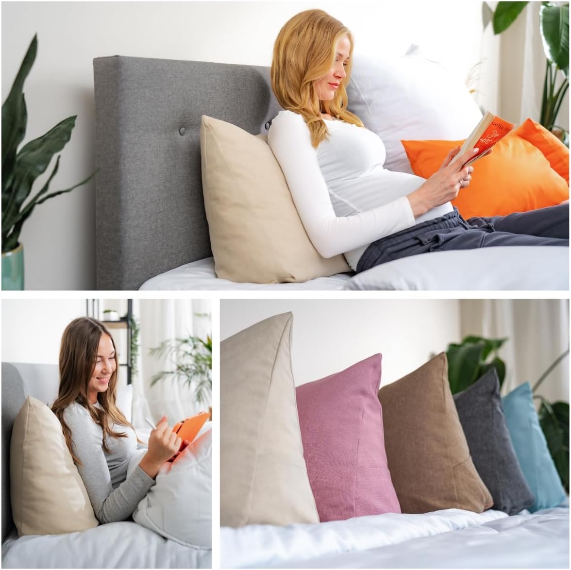 sleepling Rückenkissen, Keilkissen für Bett und Sofa, Lendenkissen, Lesekissen, Strandkissen, großes Kissen zum Lesen, mit Seitentasche, waschbarer Möbelstoffbezug, 70 cm breit, Beige – Bild 3