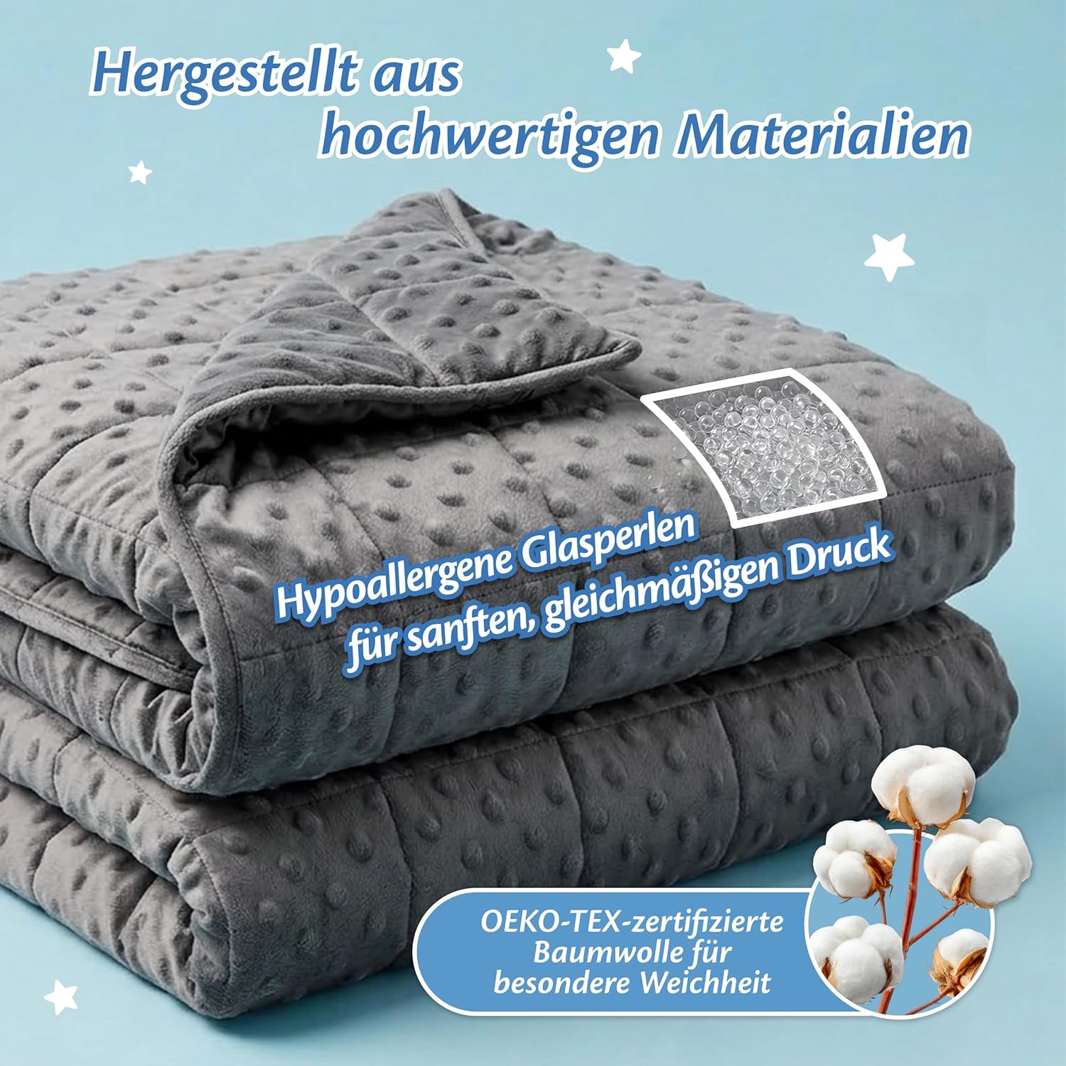 Ella Gewichtsdecke für Kinder, 4,5 kg, 100 x 170 cm, Therapiedecke, zum Stressabbau und bei Angstzuständen, hypoallergene Glasperlen, weiche und kühlende Außenschicht aus Baumwolle, für Kinder von 40–60 kg, grauer Minky – Bild 6