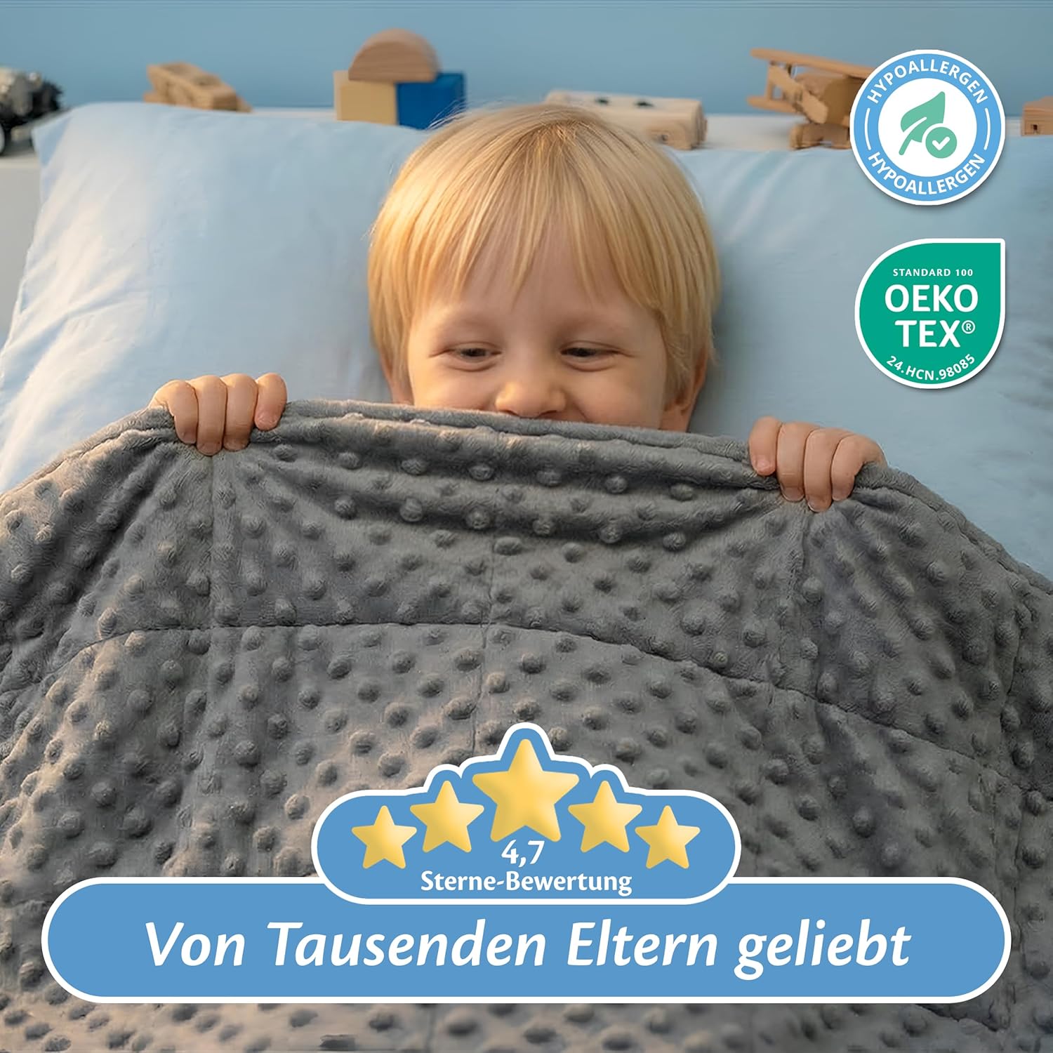 Ella Gewichtsdecke für Kinder, 4,5 kg, 100 x 170 cm, Therapiedecke, zum Stressabbau und bei Angstzuständen, hypoallergene Glasperlen, weiche und kühlende Außenschicht aus Baumwolle, für Kinder von 40–60 kg, grauer Minky – Bild 7