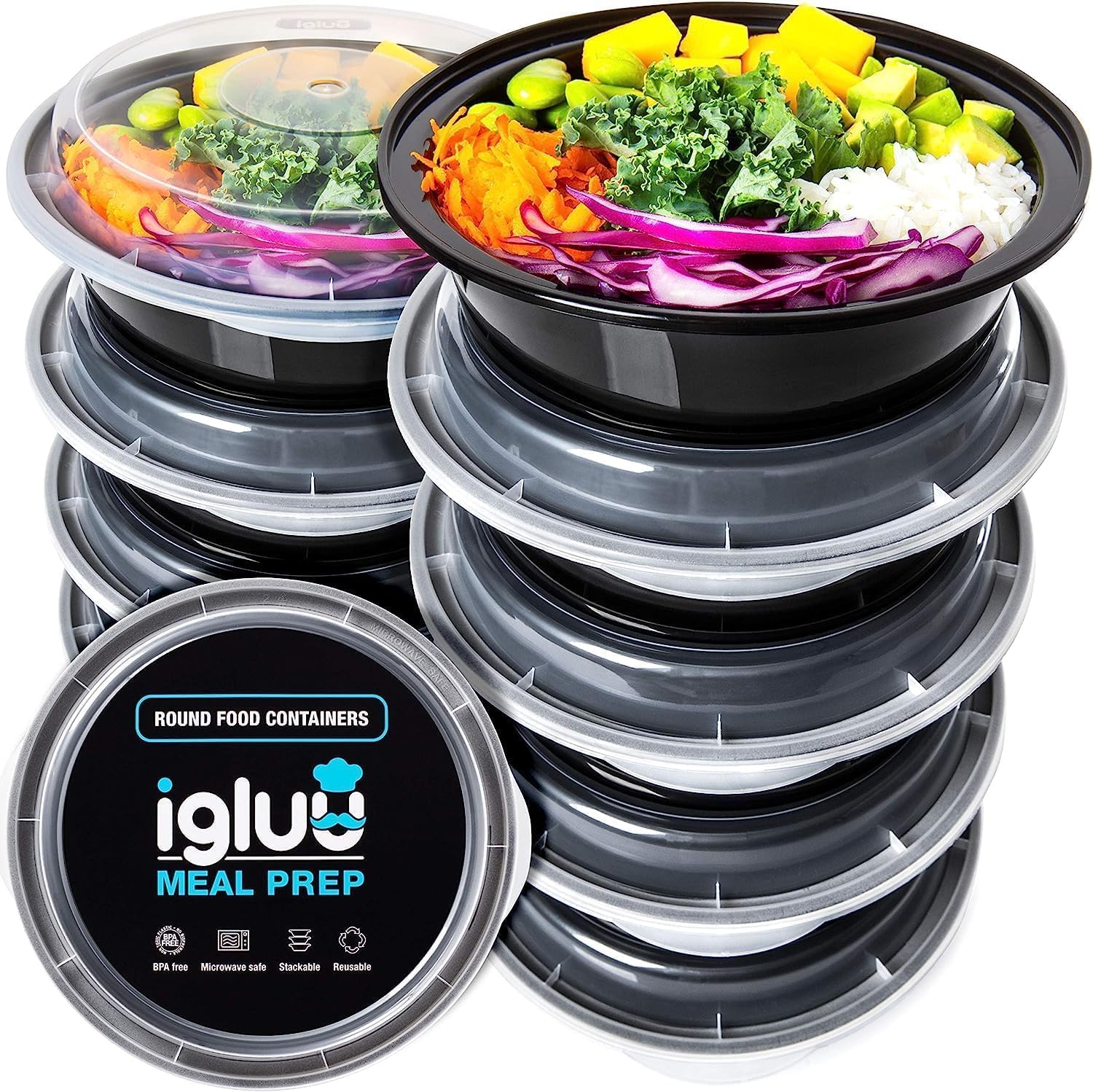 Igluu Runde Meal-Prep-Boxen mit Deckel (20 Stück) – wiederverwendbar, mikrowellen-, gefrierschrank-, spülmaschinenfest, stapelbar – 828 ml Fassungsvermögen – 1 Fach – aus BPA-freiem Kunststoff