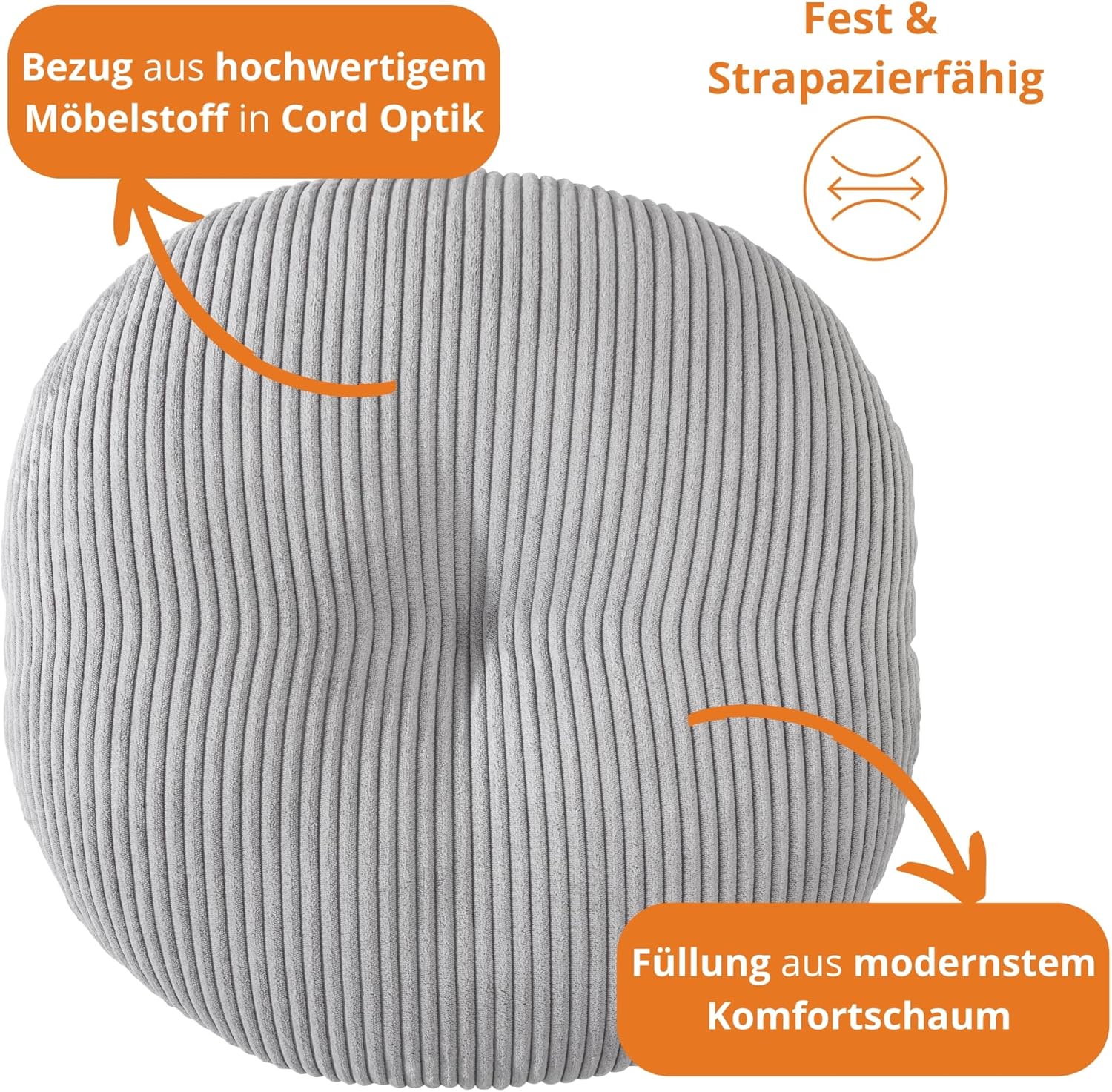 sleepling Meditationskissen, Bodenkissen aus Cord, groß, Yogakissen, Sitzkissenunterseite, Yogakissen rund, 105 cm, Sitzhöhe 25 cm, Öko-Tex, hergestellt in der EU, hochwertiger Möbelstoff, grau – Bild 3