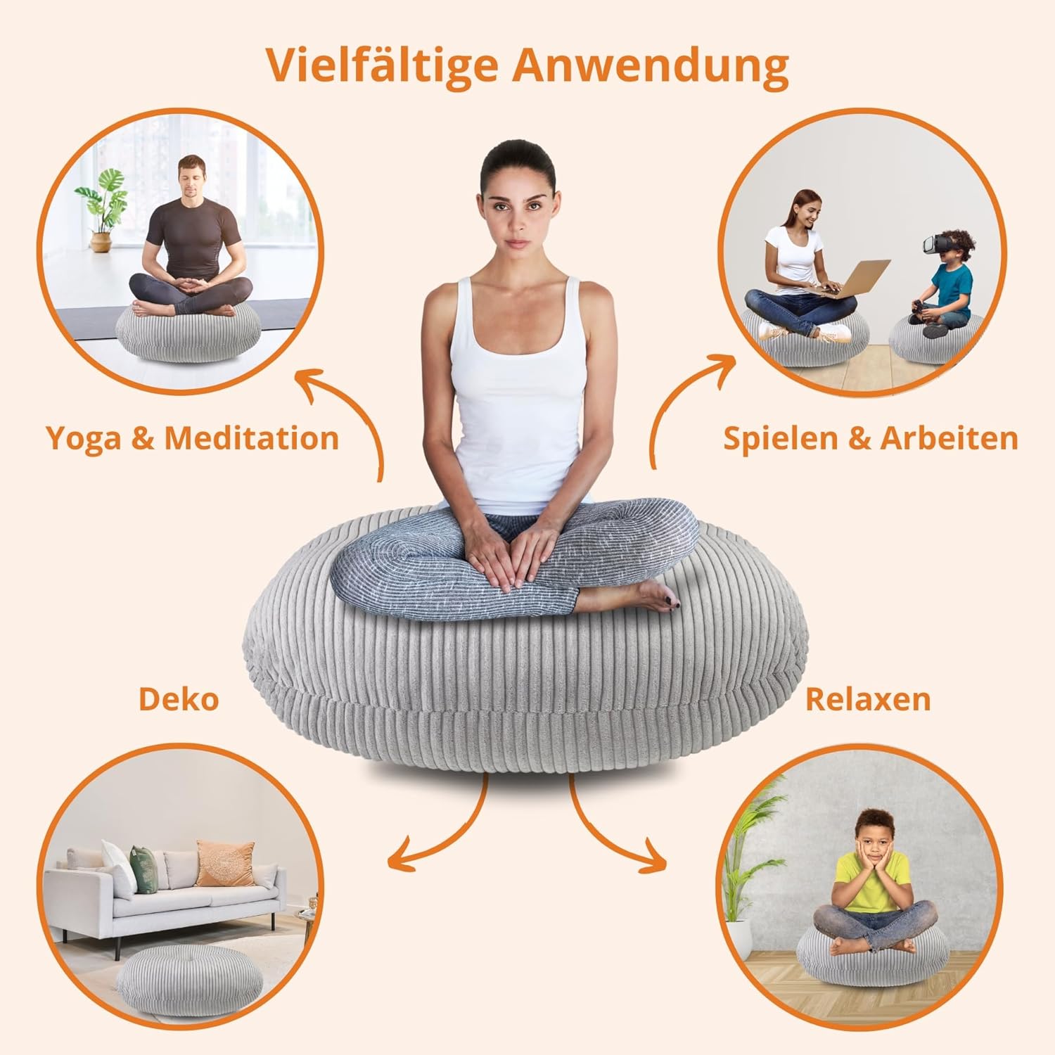 sleepling Meditationskissen, Bodenkissen aus Cord, groß, Yogakissen, Sitzkissenunterseite, Yogakissen rund, 105 cm, Sitzhöhe 25 cm, Öko-Tex, hergestellt in der EU, hochwertiger Möbelstoff, grau – Bild 4