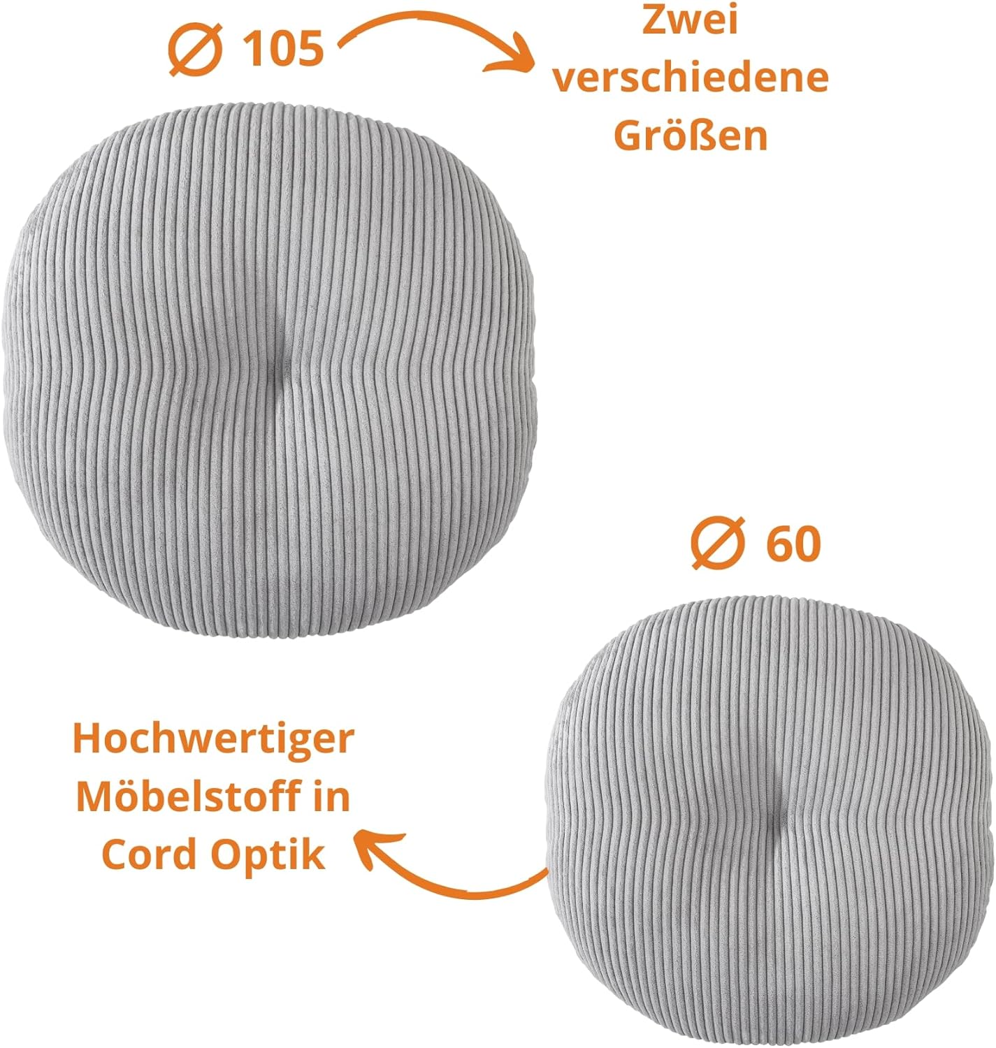 sleepling Meditationskissen, Bodenkissen aus Cord, groß, Yogakissen, Sitzkissenunterseite, Yogakissen rund, 105 cm, Sitzhöhe 25 cm, Öko-Tex, hergestellt in der EU, hochwertiger Möbelstoff, grau – Bild 6