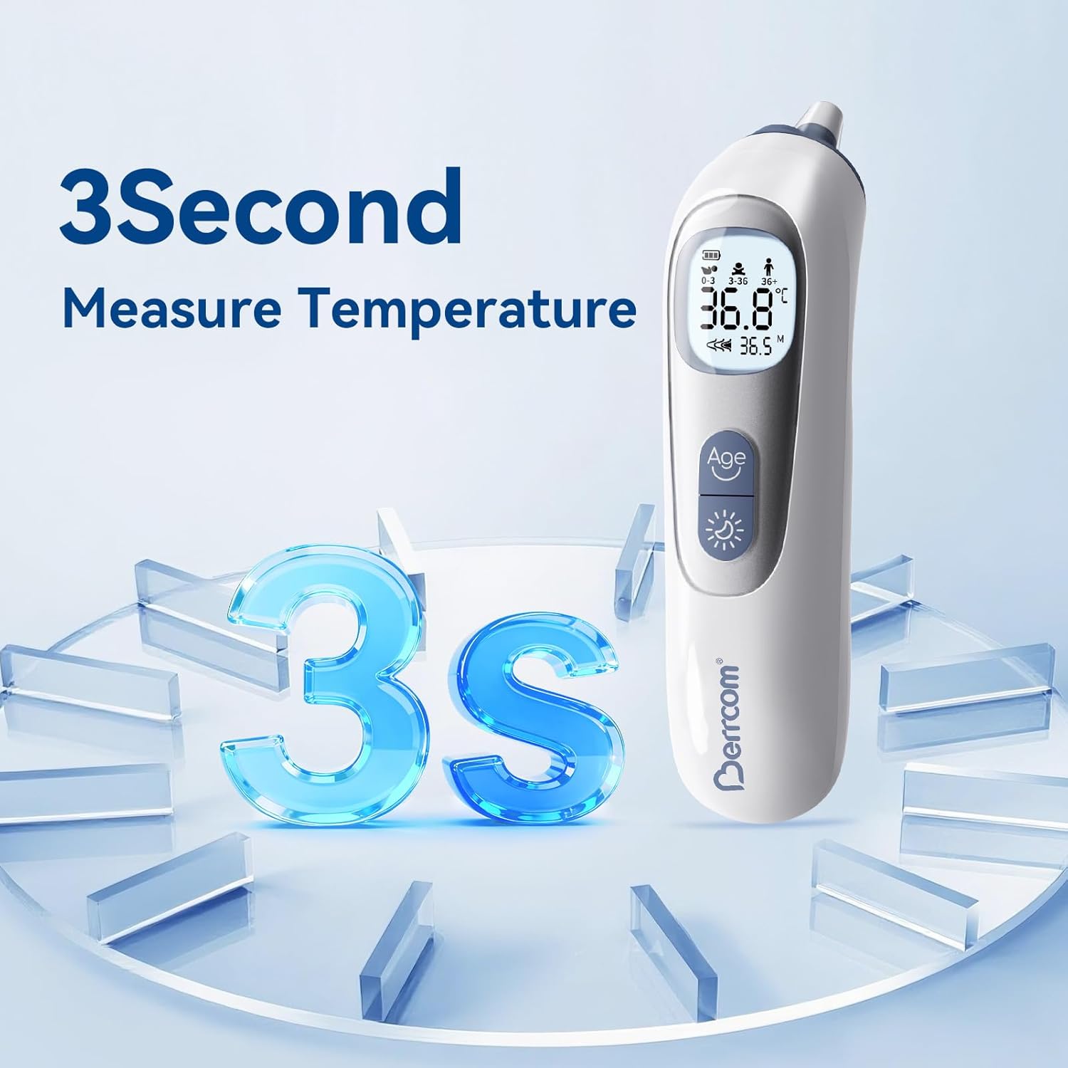 Berrcom Hochpräzises Ohrthermometer, Fieberthermometer mit vorgeheizter Sonde für Erwachsene und Babys, Temperaturanzeige nach Alter, sofortige Messung, Fieberalarm – Bild 7